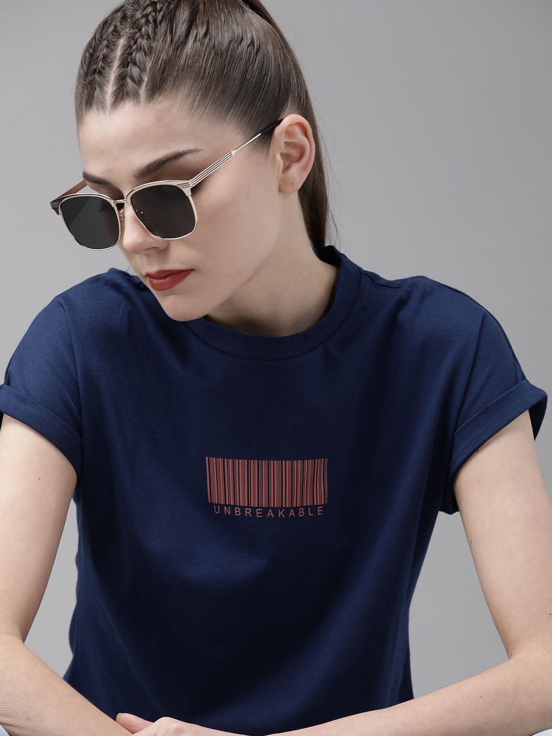 The Roadster Lifestyle Co Women Navy Blue Pure Cotton Printed Boxy Fit Round Neck Crop T-shirt Price in India