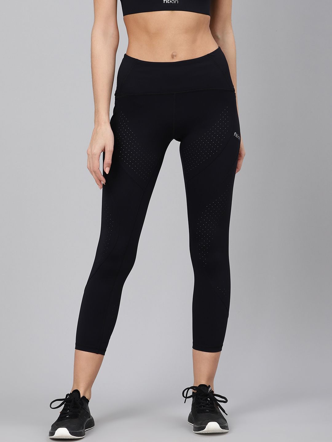 Fitkin Women Black Laser Cut Quick Dry Cropped Training Tights Price in India