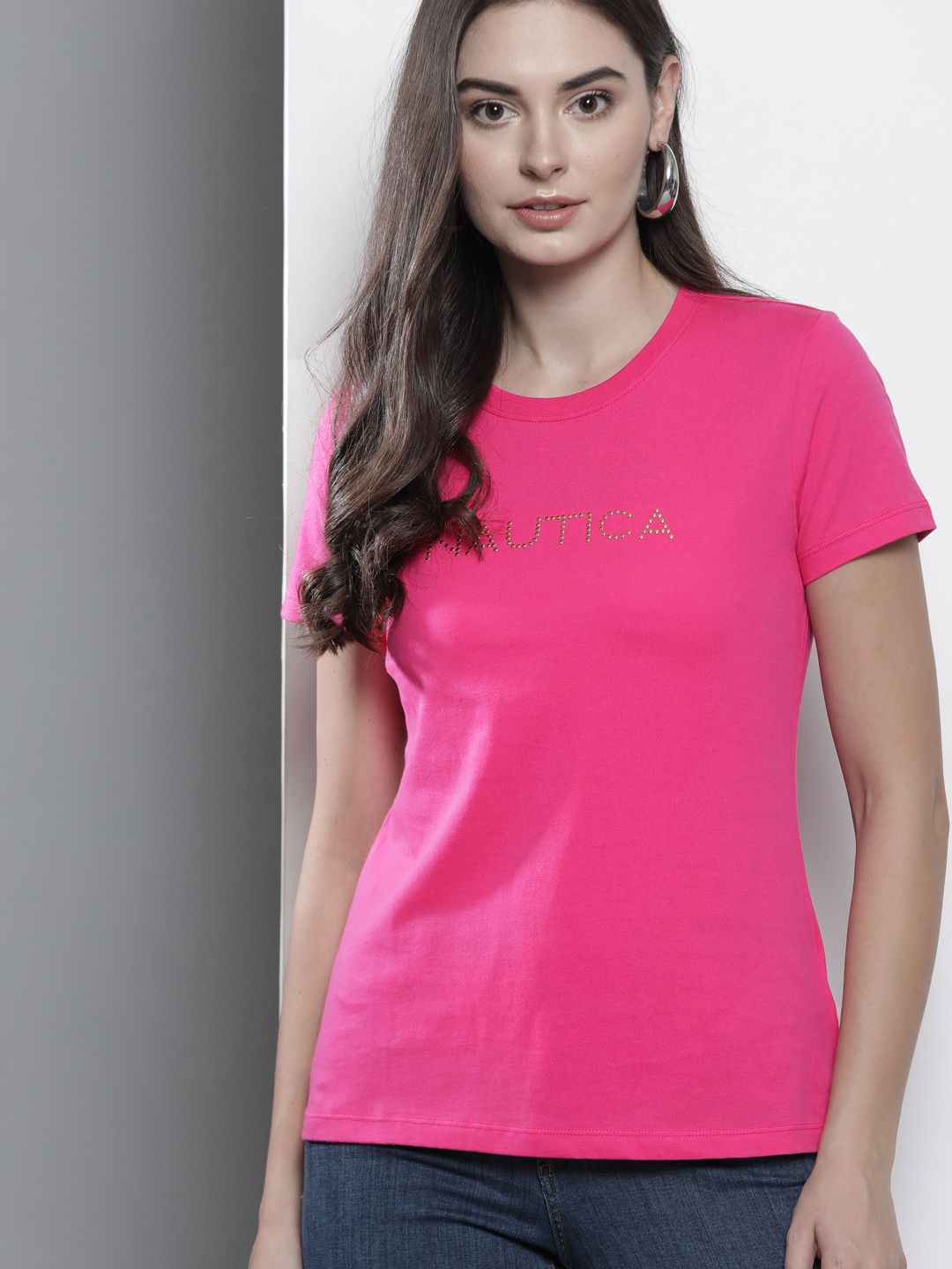 Nautica Women Pink Printed Round Neck T-shirt