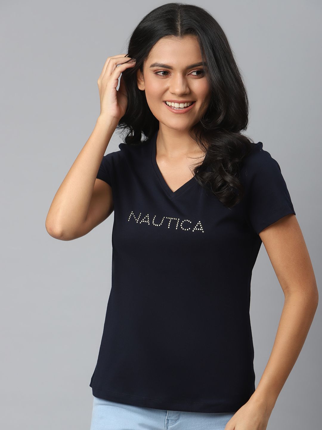 Nautica Women Navy Blue & White Pure Cotton Printed V-Neck T-shirt Price in India