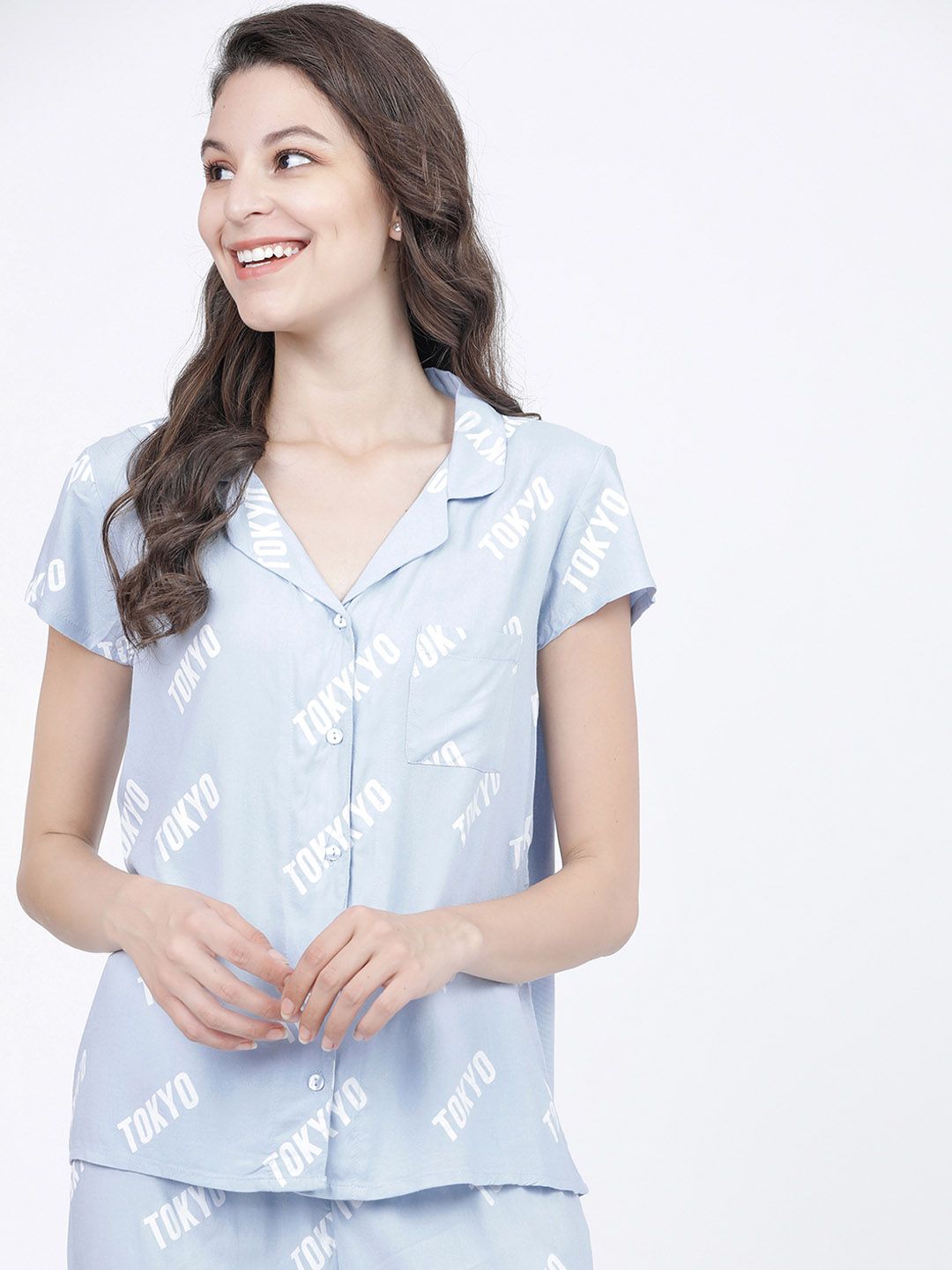 Tokyo Talkies Women Blue & White Slim Fit Printed Sleep Shirt Price in India