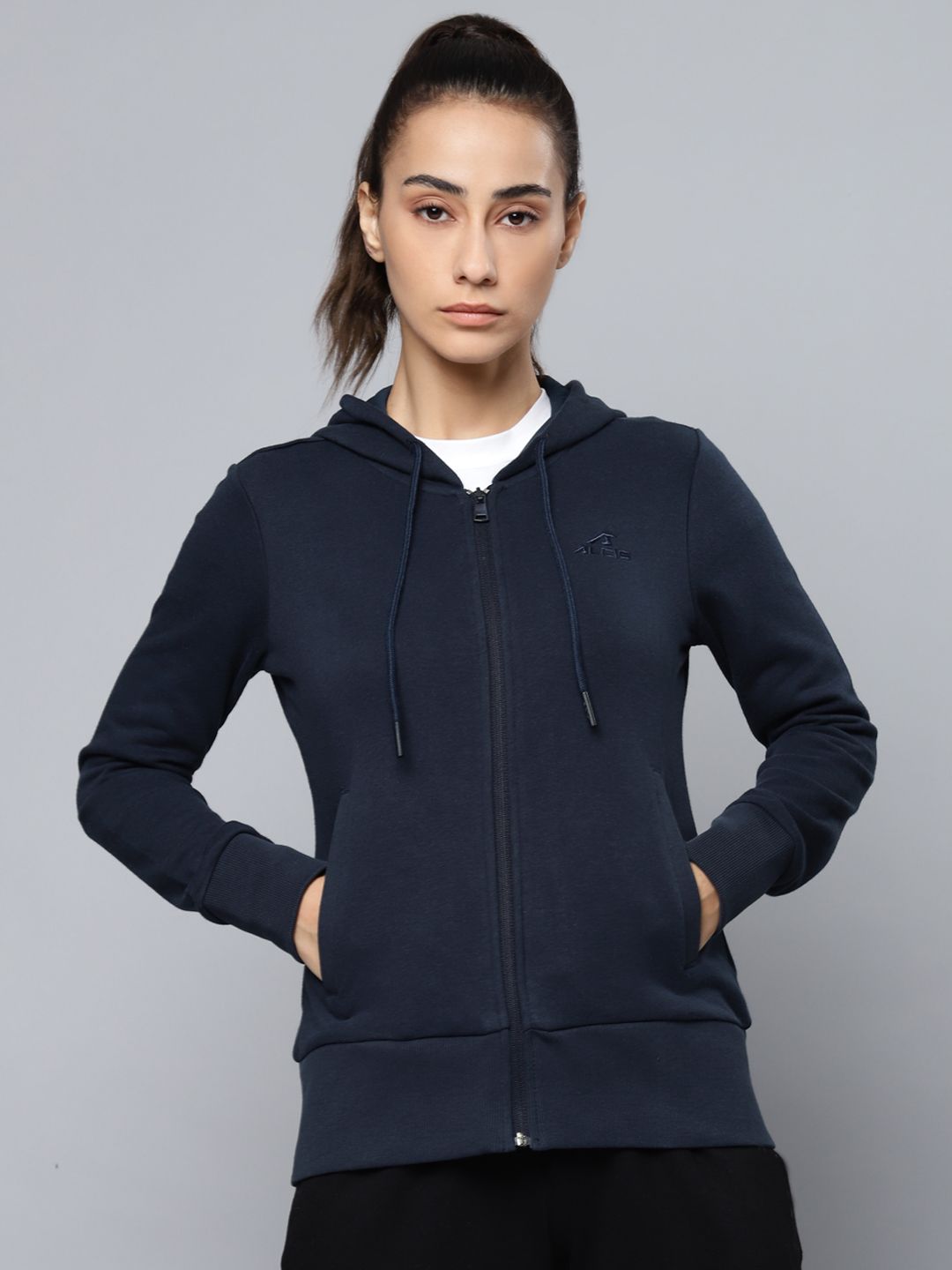 Alcis Women Navy Blue Solid Hooded Sweatshirt Price in India