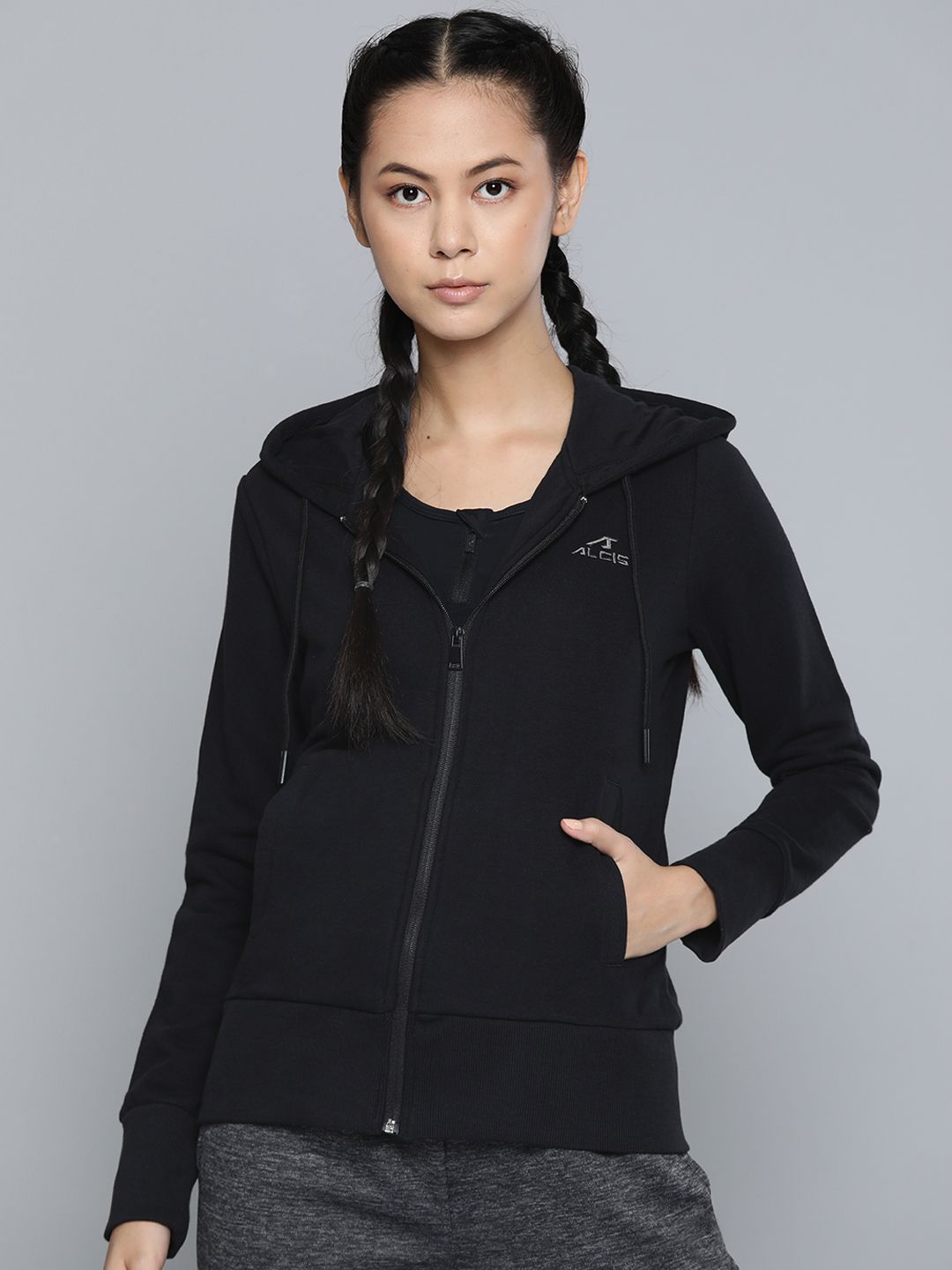 Alcis Women Black Solid Hooded Front Open Sweatshirt Price in India