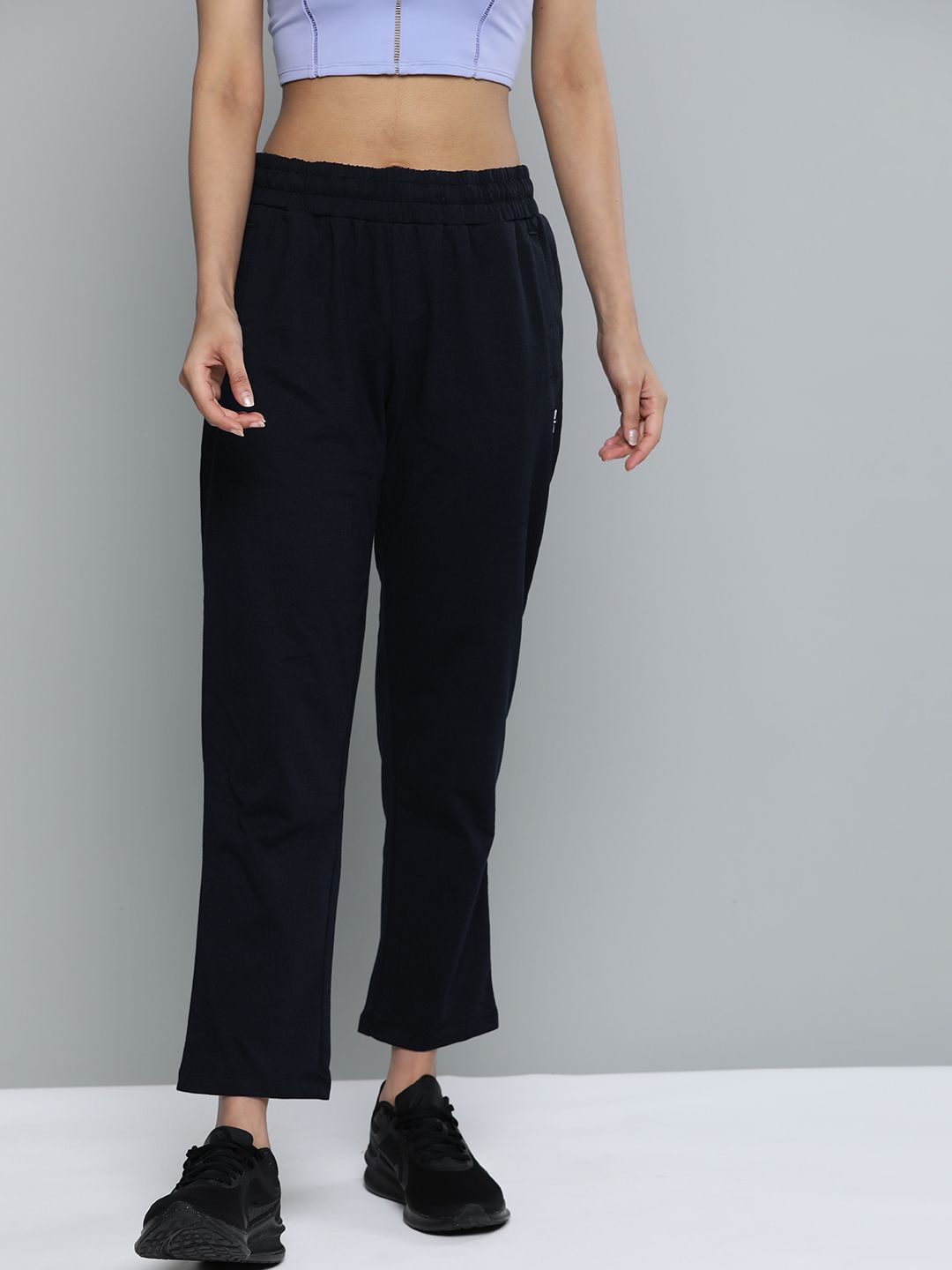 Alcis Women Navy Blue Solid Bootcut Track Pants Price in India