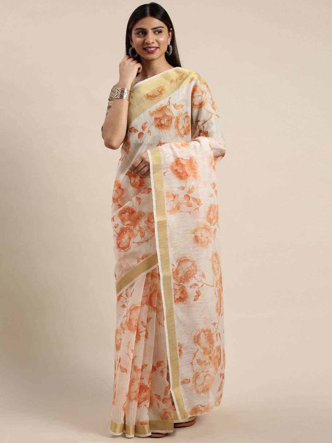 DIVASTRI White & Orange Poly Silk Floral Printed Chanderi Saree