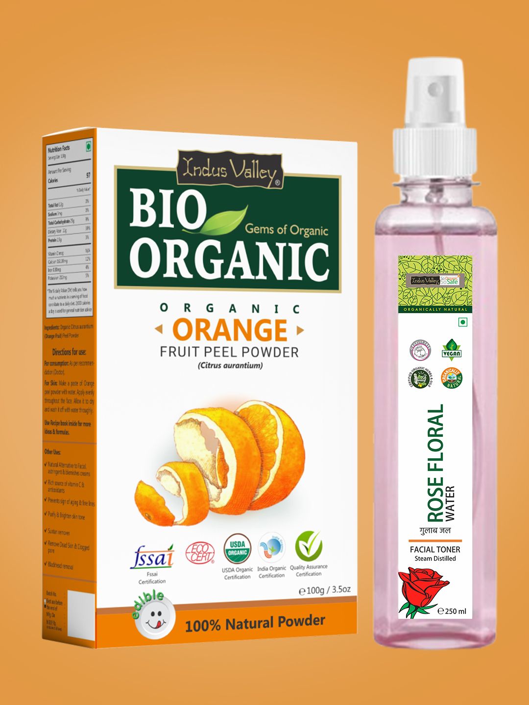 Indus Valley Bio Organic Orange Peel Powder & Ayurveda Facial Toner Fresh Rose Water