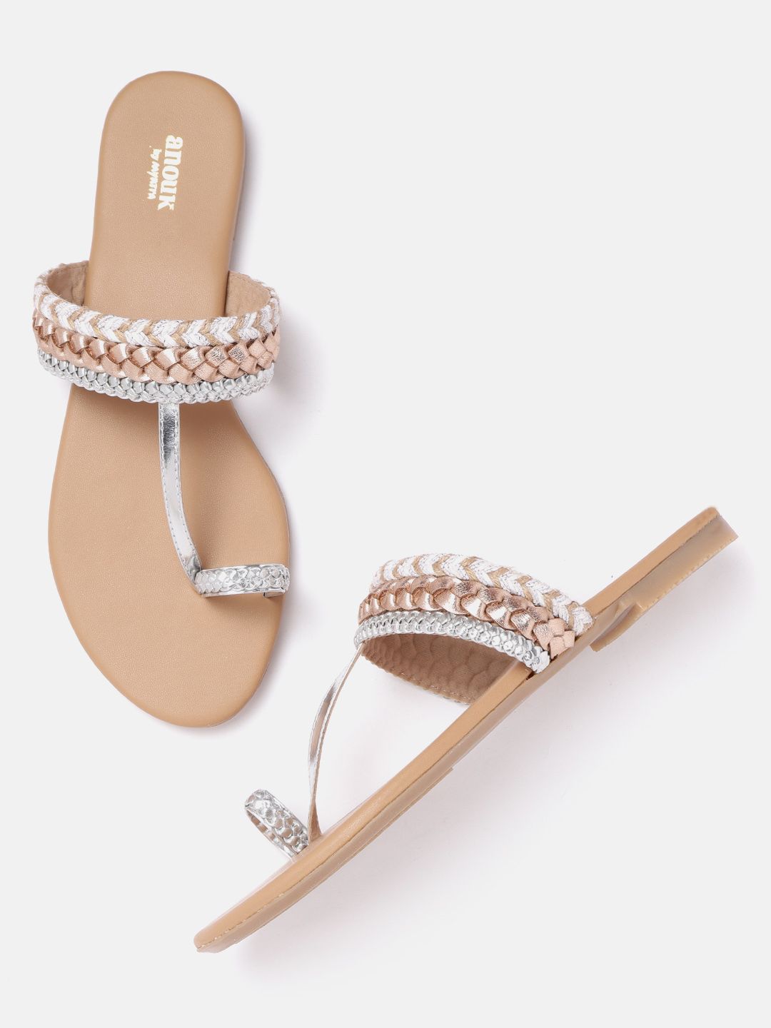 Anouk Women Silver-Toned & Rose Gold-Toned Handmade Braided One Toe Flats