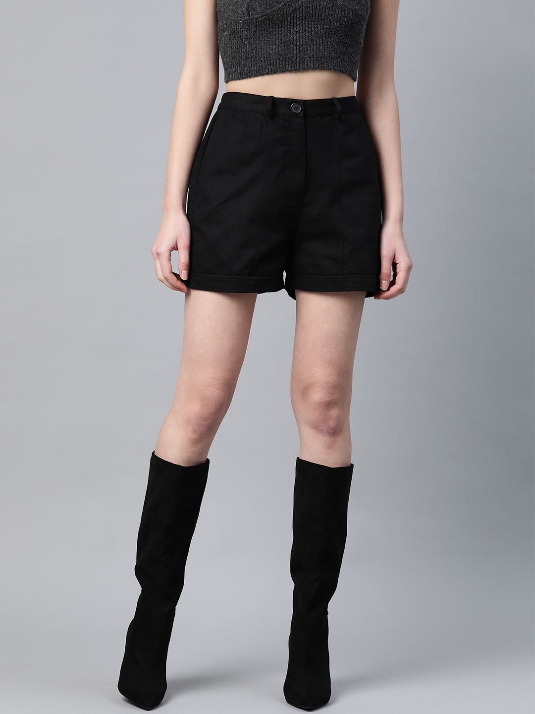 Popnetic Women Black Solid Pure Cotton Regular Shorts Price in India