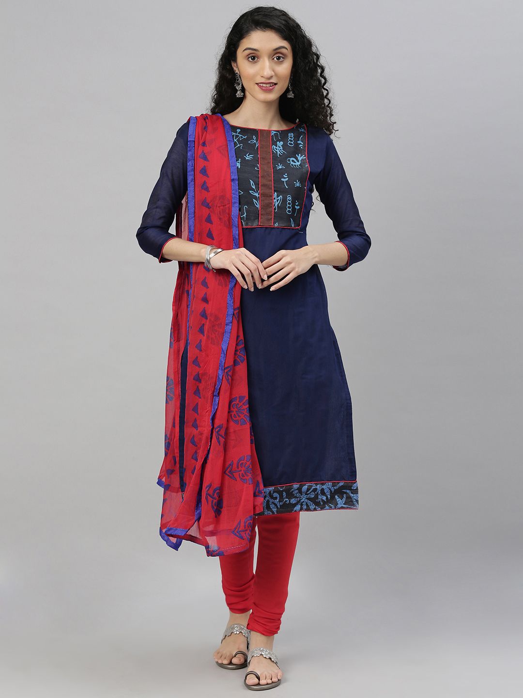 DIVASTRI Navy Blue Printed Silk Blend Unstitched Dress Material Price in India