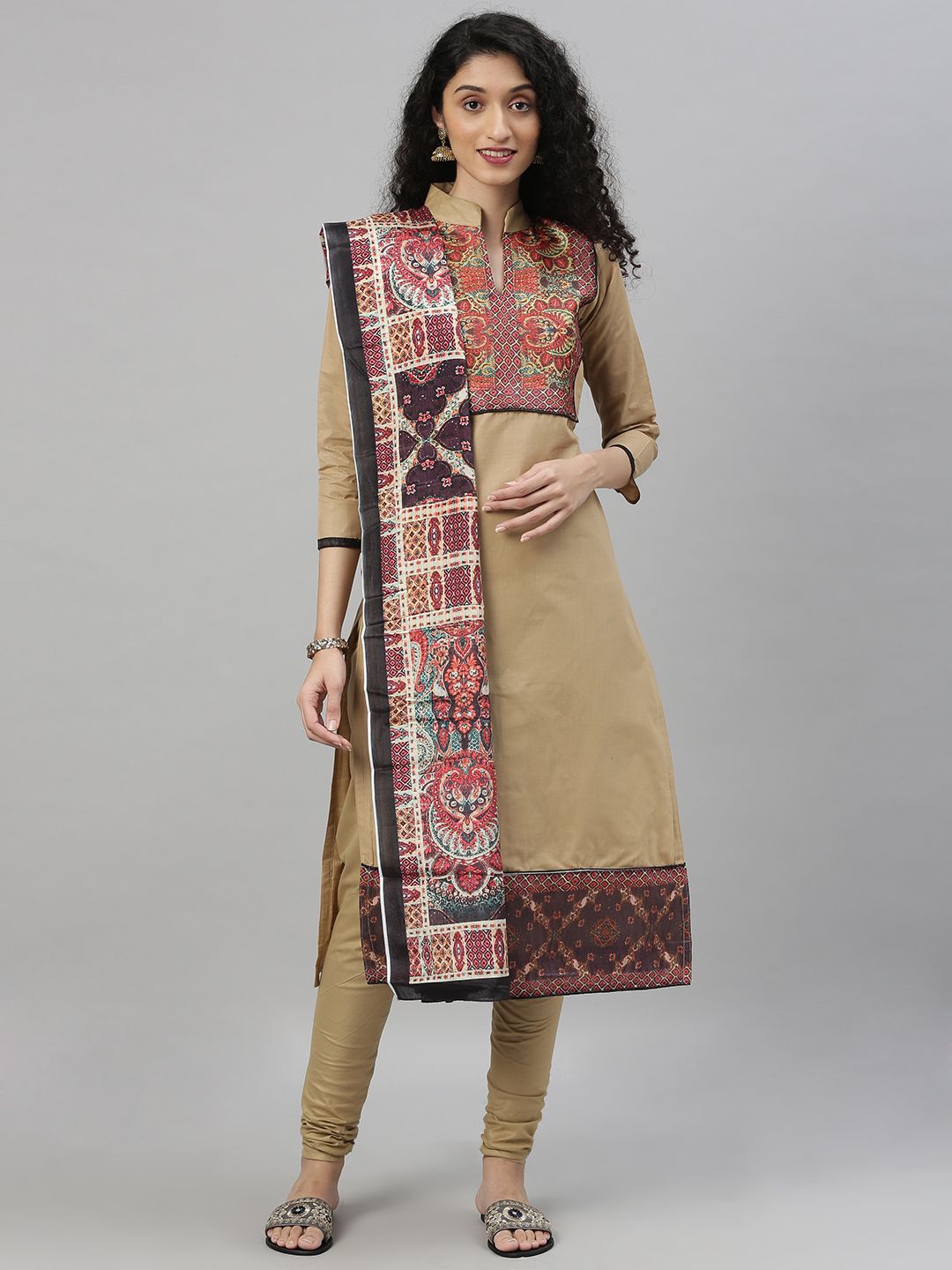 DIVASTRI Beige Printed Pure Cotton Unstitched Dress Material Price in India