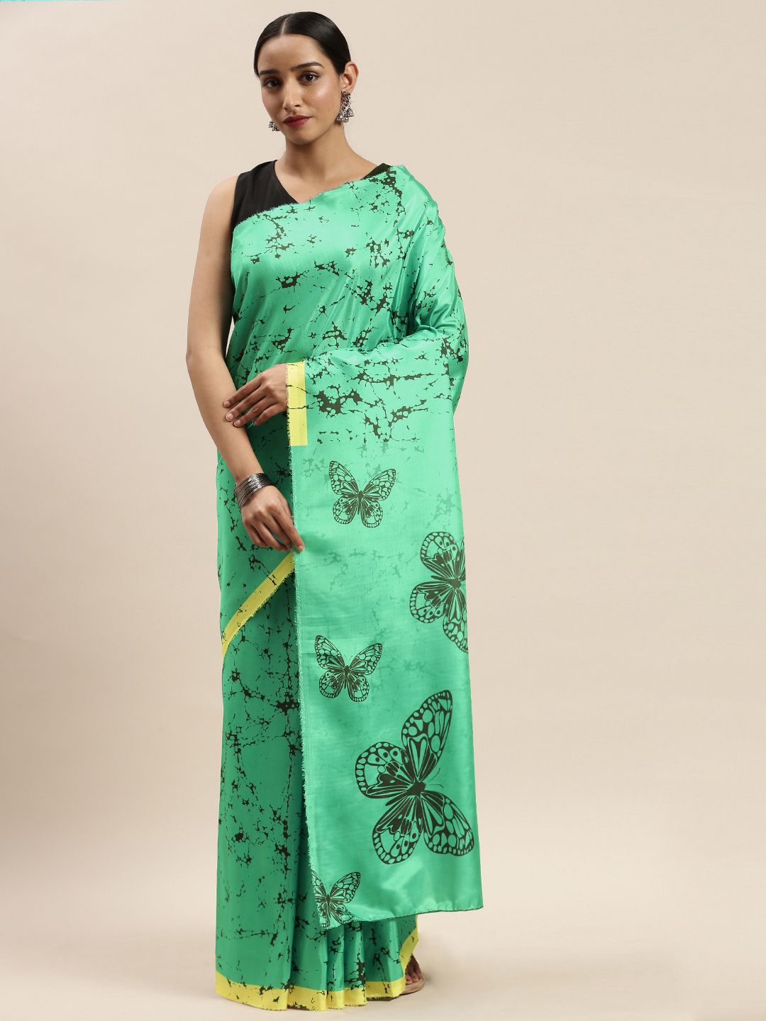 DIVASTRI Green & Black Poly Silk Printed Saree