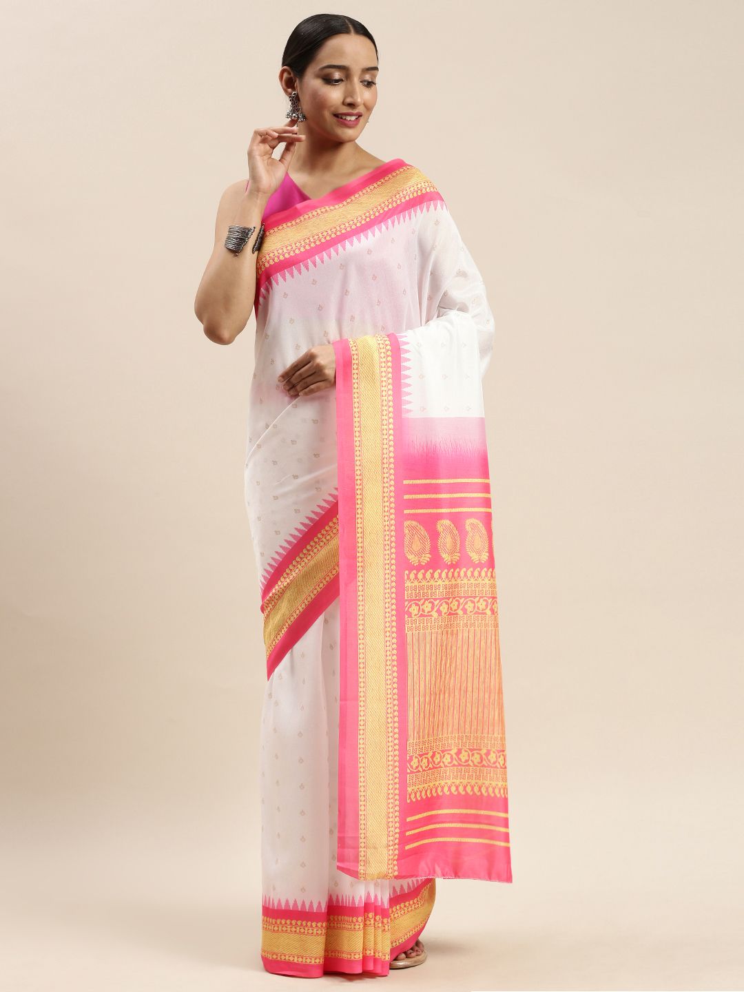 DIVASTRI White & Pink Poly Silk Printed Saree