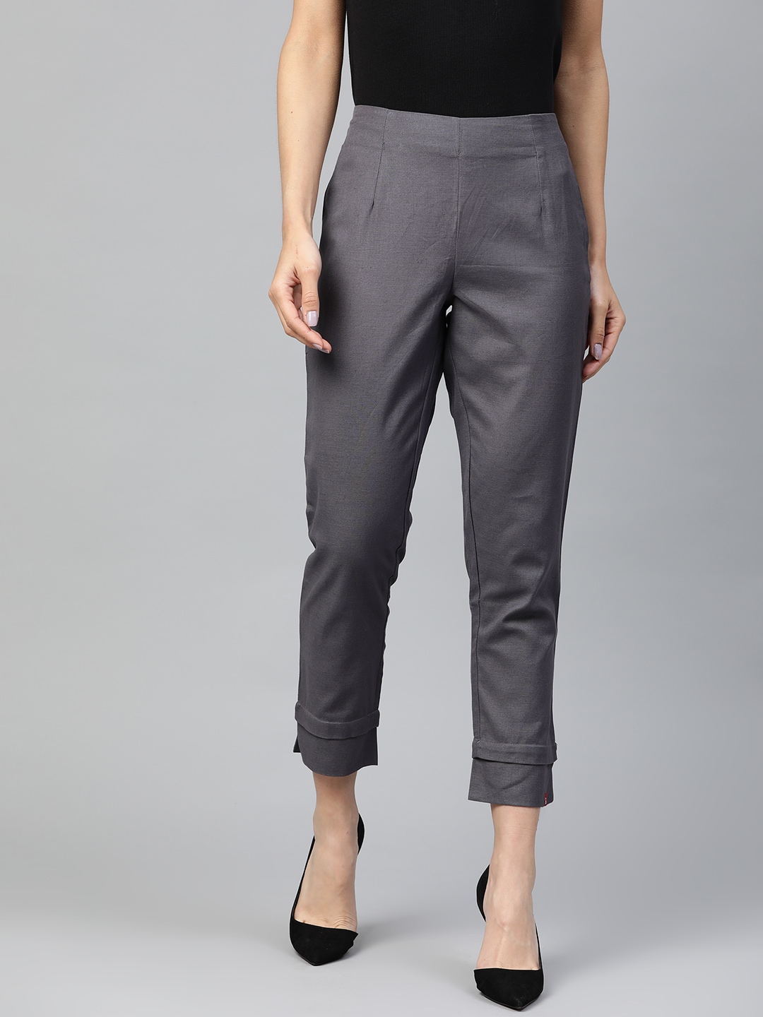 Biba Women Charcoal Grey Slim Fit Solid Regular Cropped Trousers Price in India