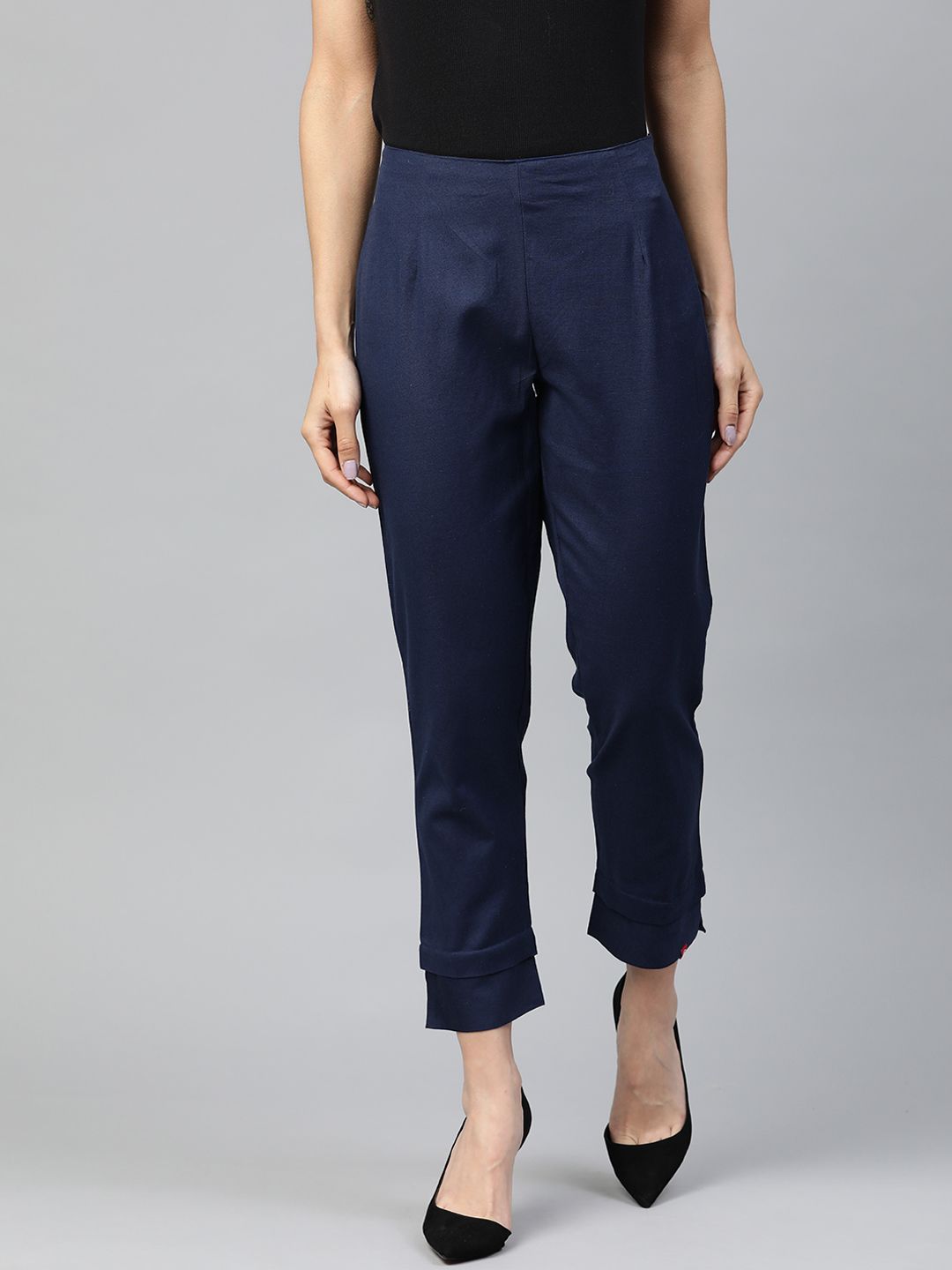 Biba Women Navy Blue Slim Fit Solid Cropped Regular Trousers