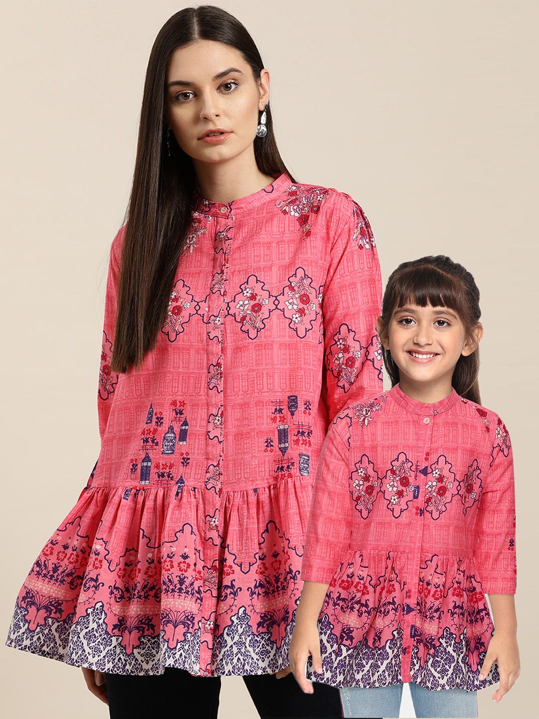 Sangria Women Pink & Purple Ethnic Print Mandarin Collar Pure Cotton Longline Top