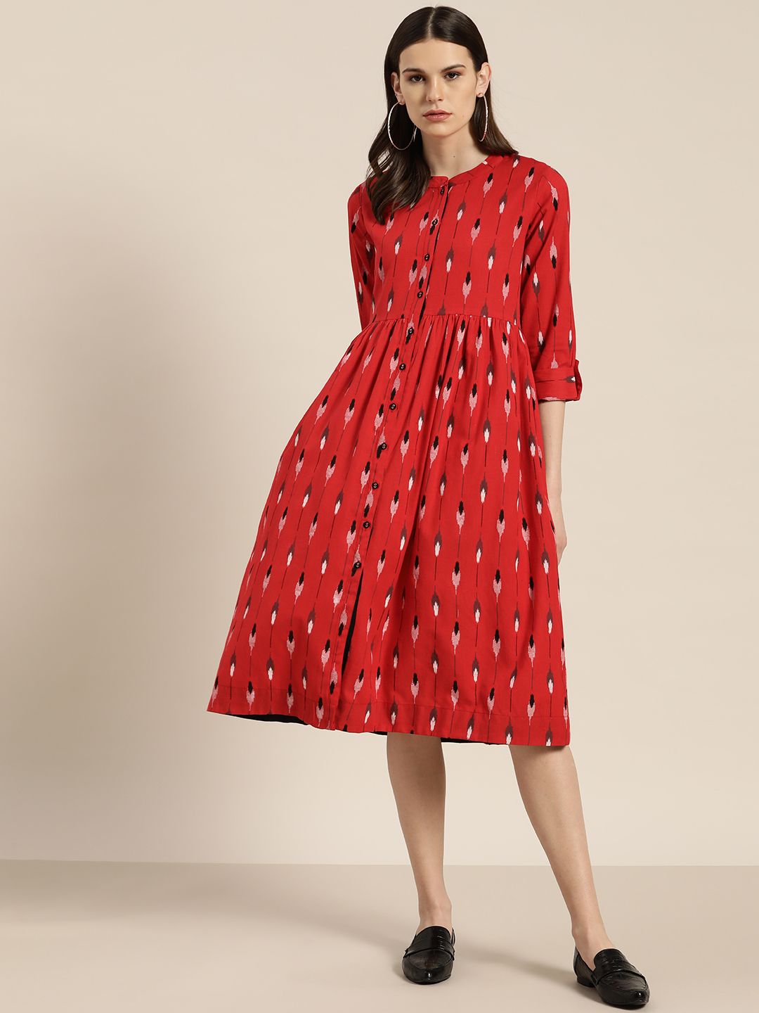 Sangria Women Red & White Pure Cotton Printed A-Line Dress