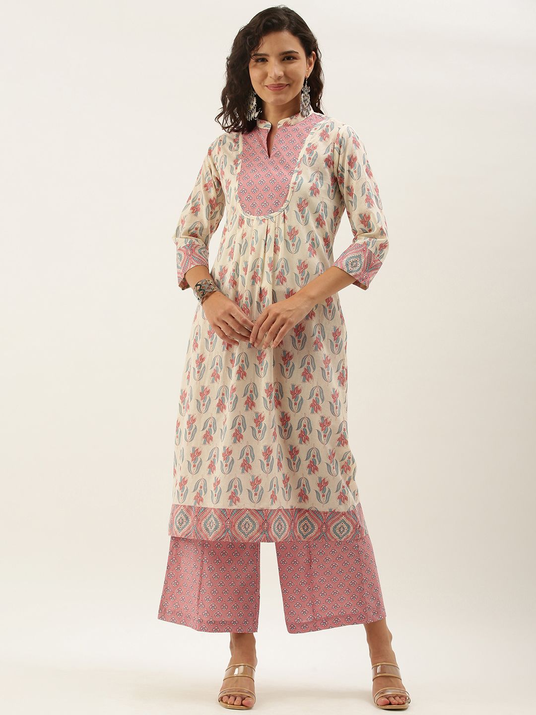 Sangria Women Off White & Pink Floral Printed Pure Cotton Kurta with Palazzos Price in India