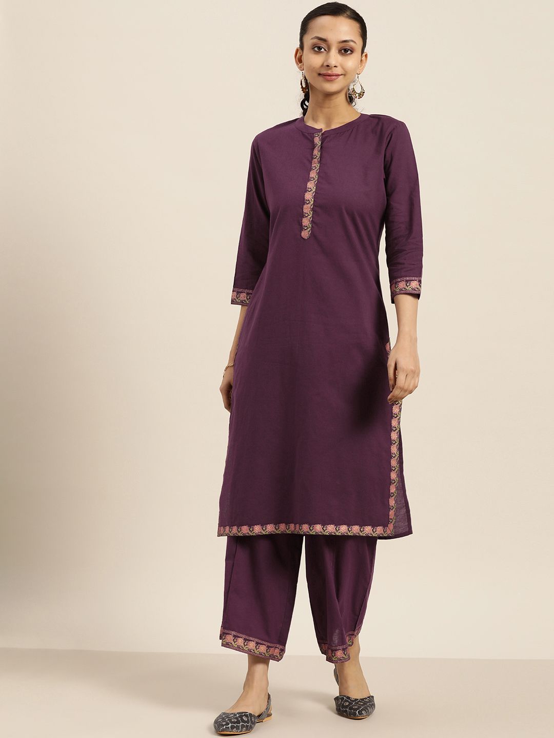 Sangria Women Purple Solid Cotton Kurta with Trousers Price in India