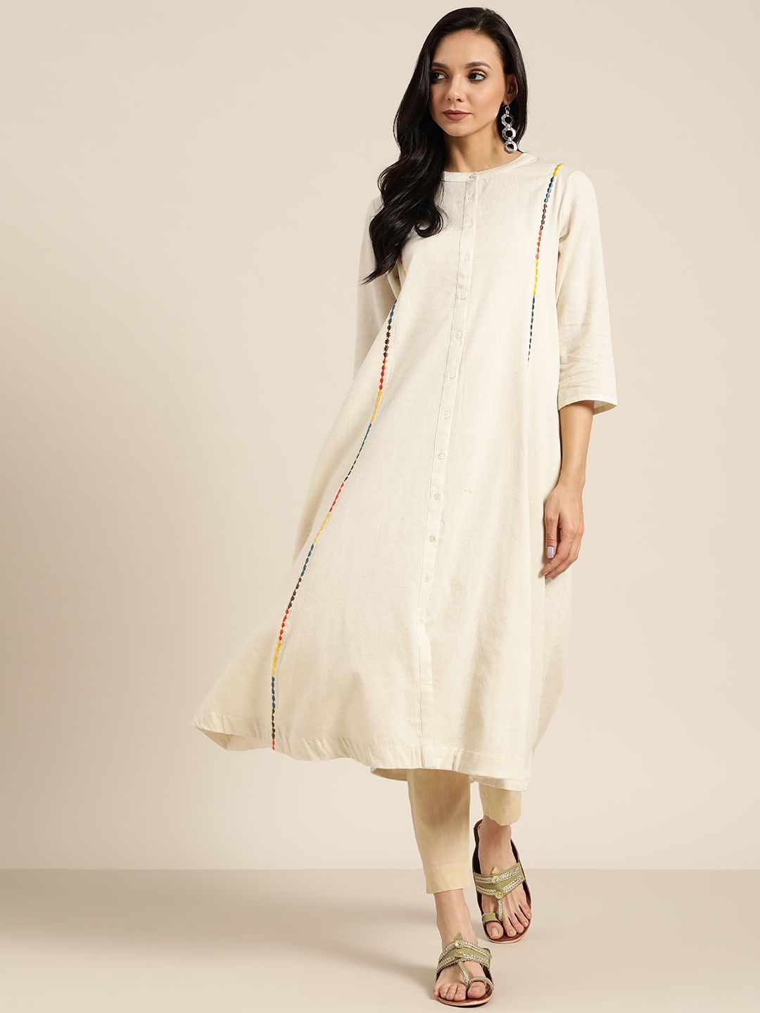 Sangria Women Off-White Solid A-Line Kurta With Embroidered Detail