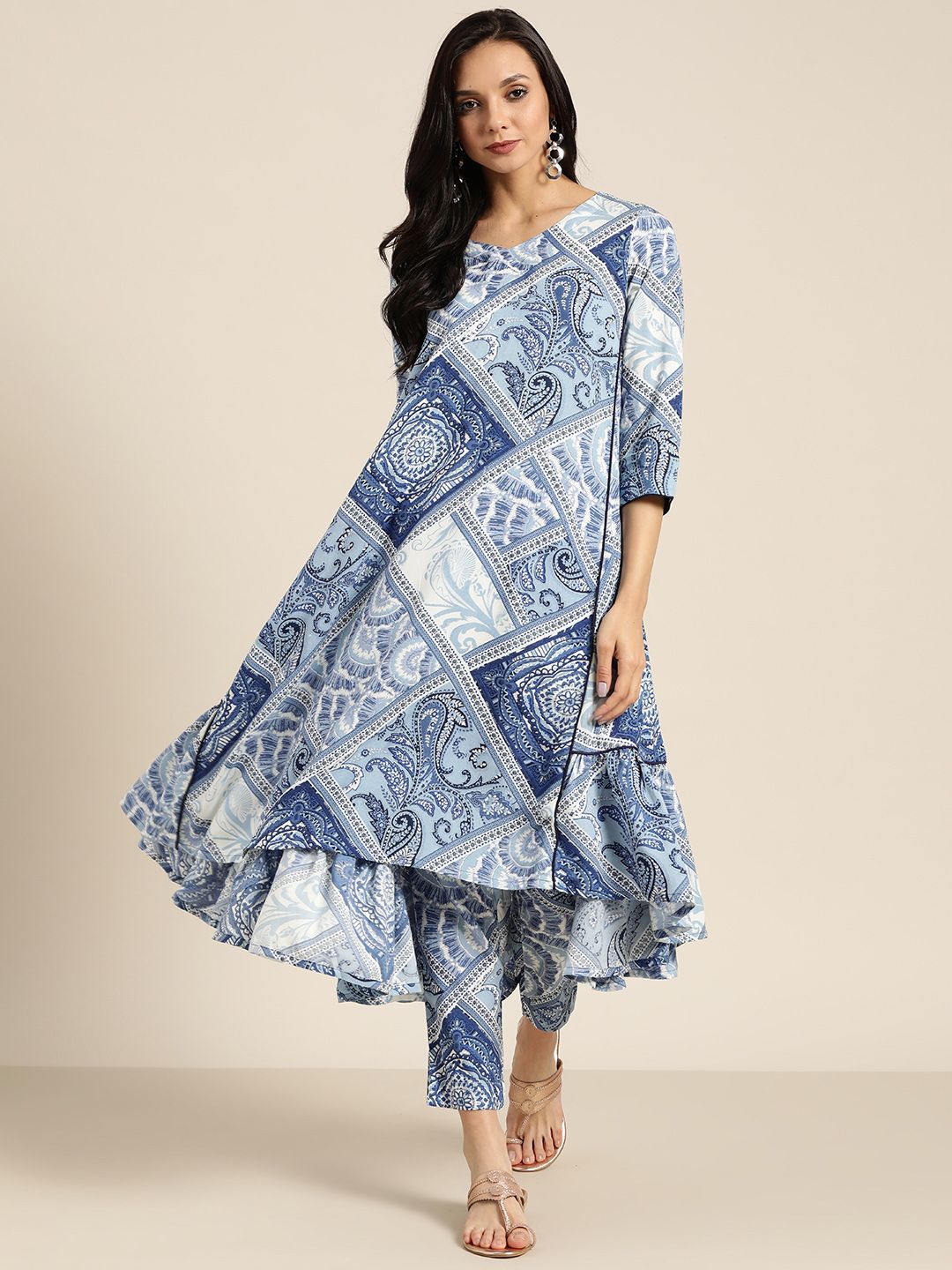 Sangria Women White & Blue Printed A-Line Kurta with Trousers Price in India