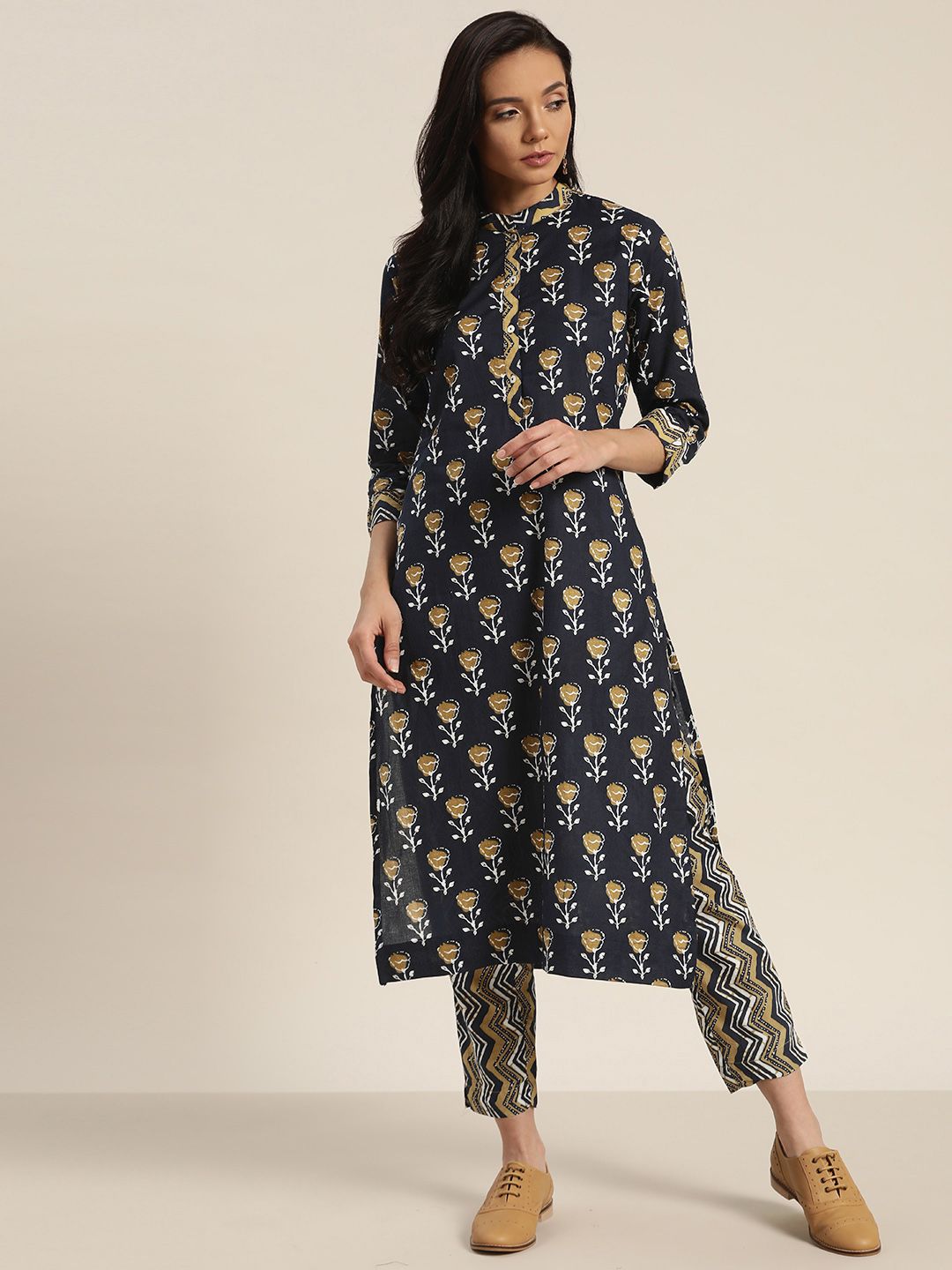 Sangria Women Black & Beige Ethnic Motifs Print Pure Cotton Kurta with Palazzos Price in India