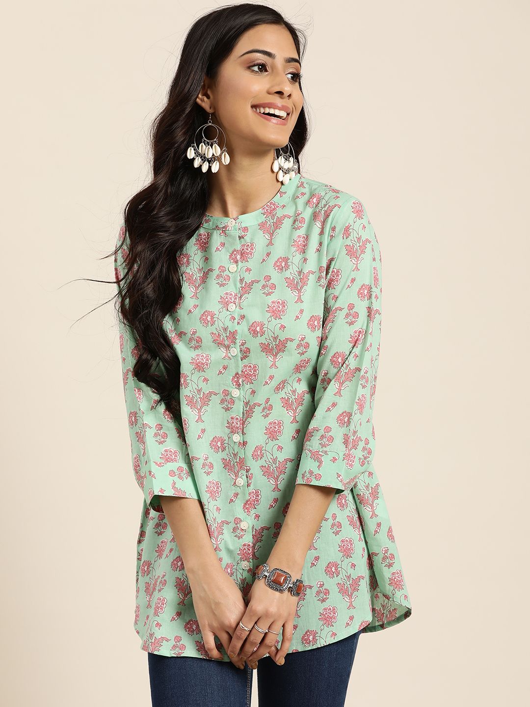 Sangria Women Sea Green & Pink Regular Fit Pure Cotton Printed Ethnic Shirt