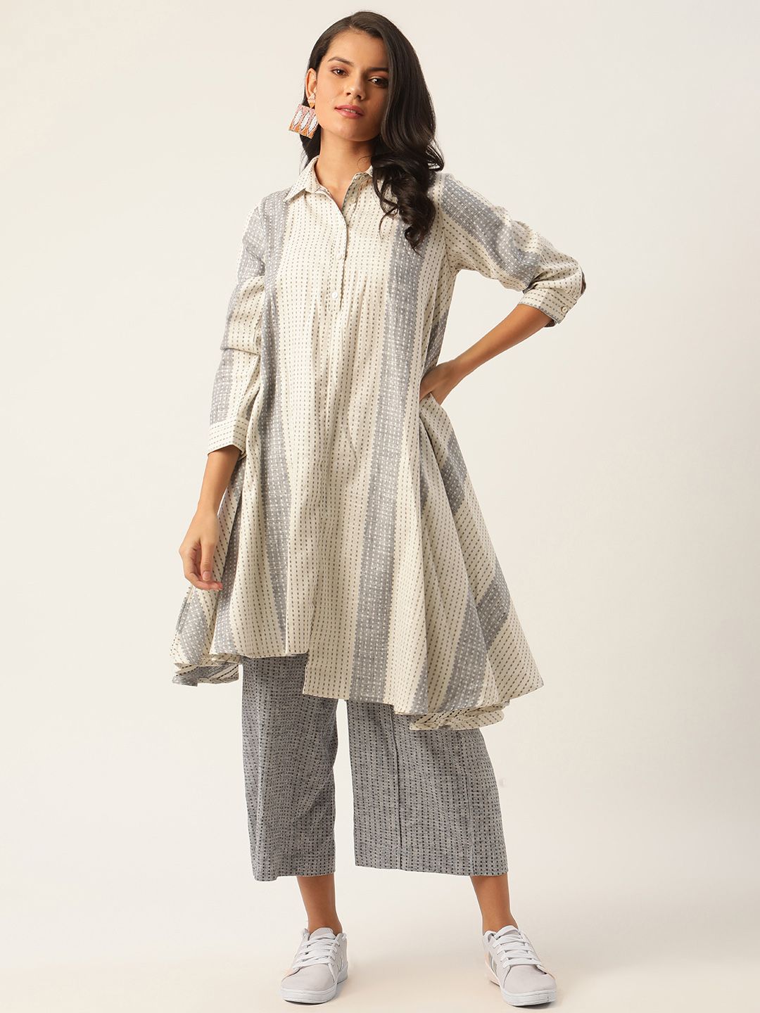 Sangria Women Cream Coloured & Grey Pure Cotton Striped Kurta with Palazzos Price in India