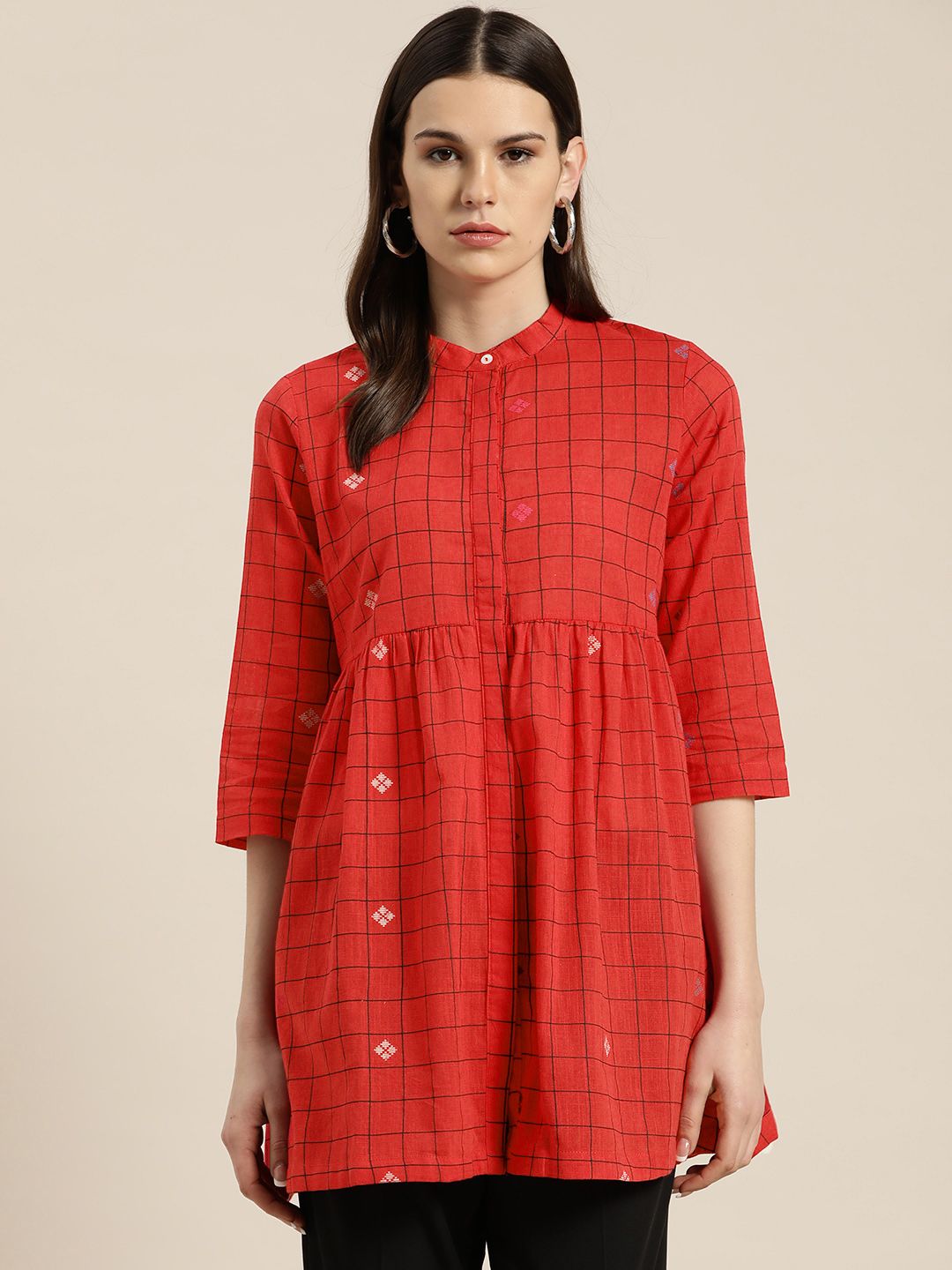 Sangria Women Red & Black Checked Pure Cotton A-line Tunic Price in India