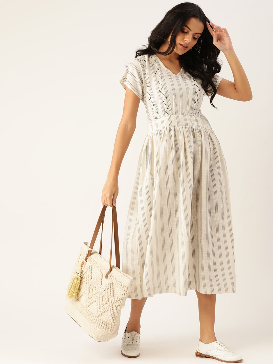 Sangria Off White & Black Striped Ethnic A-Line Midi Dress