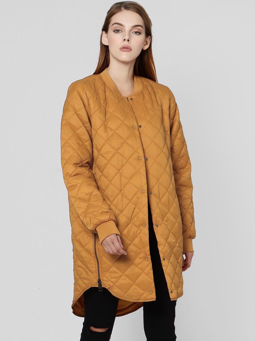 Vero Moda Women Mustard Yellow Solid Longline Quilted Jacket Price in India