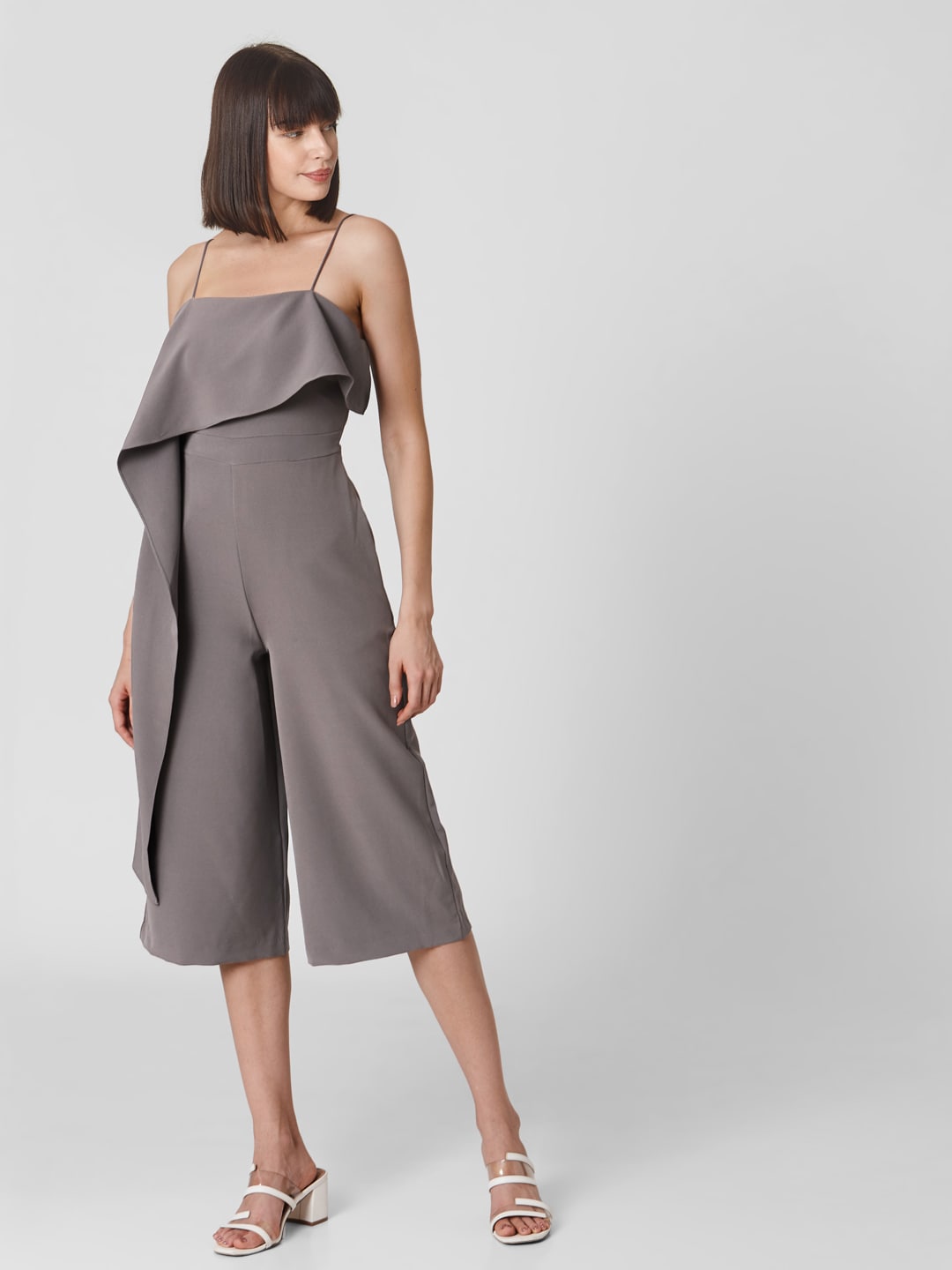 Vero Moda Women Grey Solid Ruffled Capri Jumpsuit Price in India