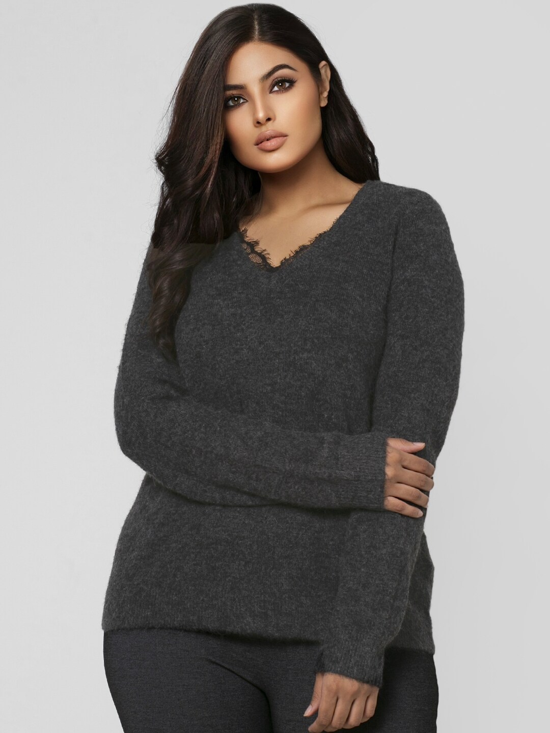 Vero Moda Women Charcoal Grey Solid Fleeced Pullover Sweater Price in India