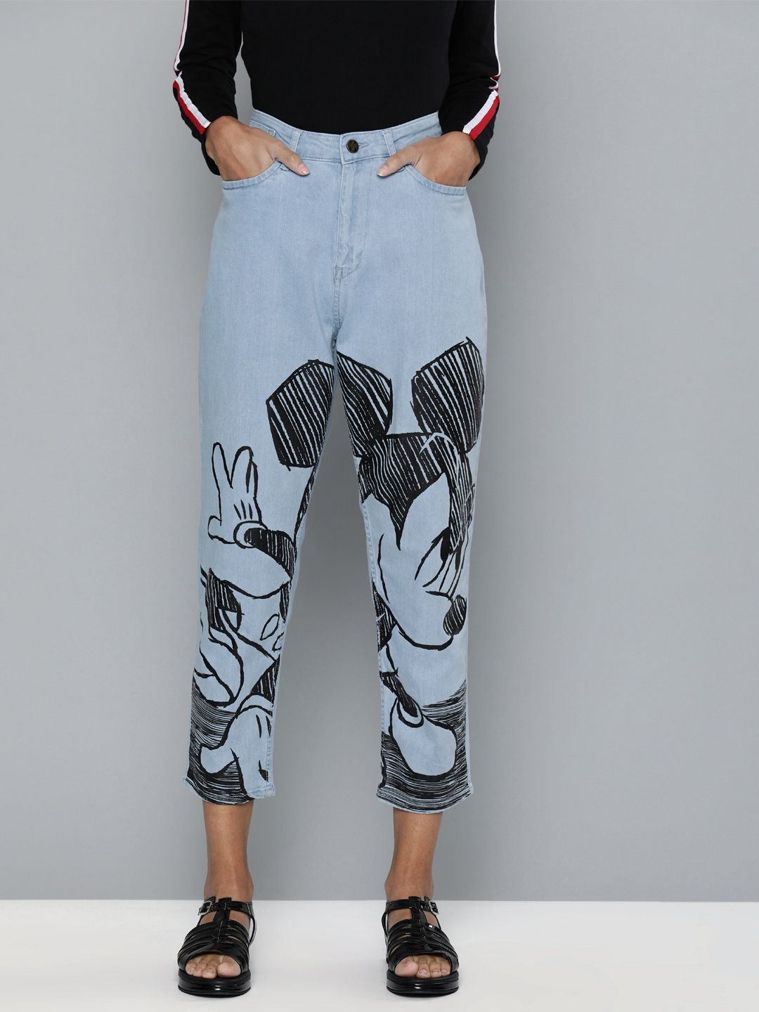 Kook N Keech Disney Women Blue Boyfriend Fit Mickey Mouse Printed Stretchable Jeans Price in India