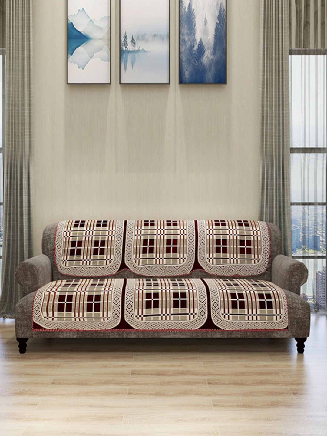 ROMEE Set Of 6 Beige & Maroon Self-Design 5-Seater Sofa Covers Price in India