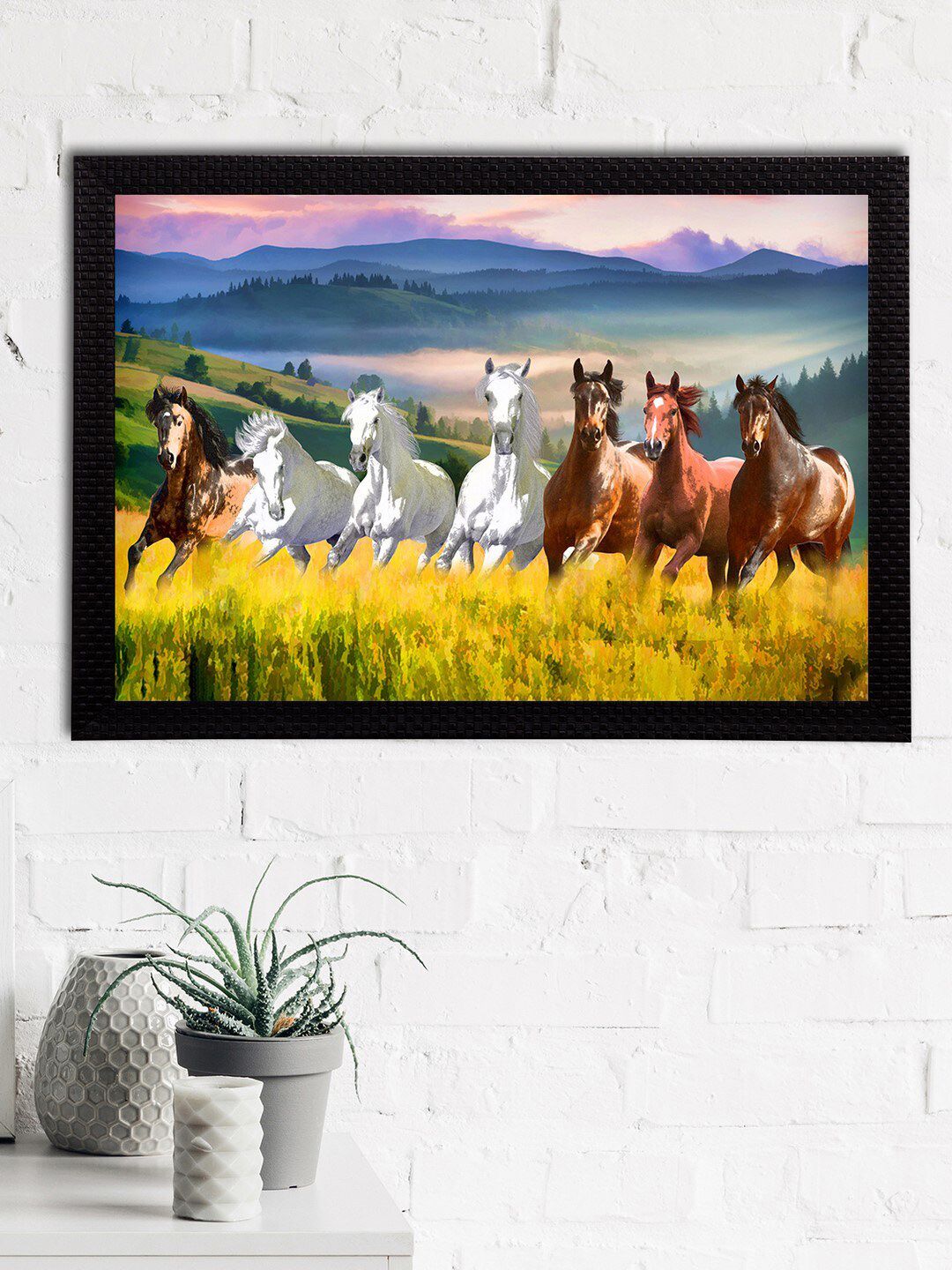 eCraftIndia Blue & Brown 7 Lucky Running Horses Satin Matt Texture UV Art Painting Price in India