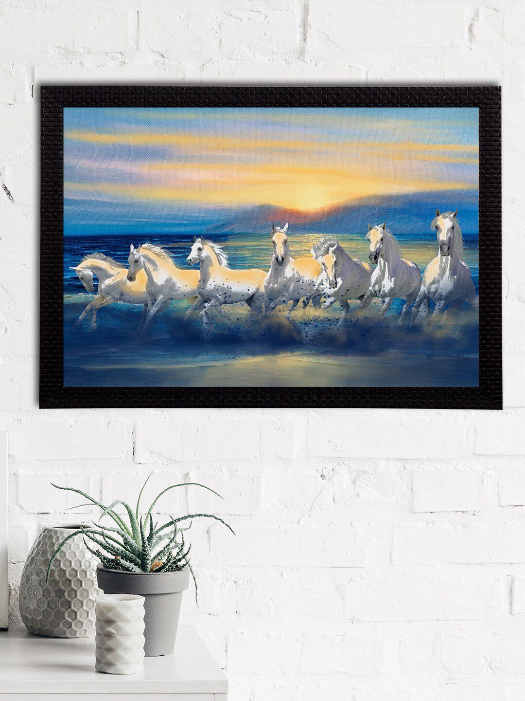 eCraftIndia Blue & Yellow 7 Lucky Running Horses Satin Matt Texture UV Wall Painting Price in India