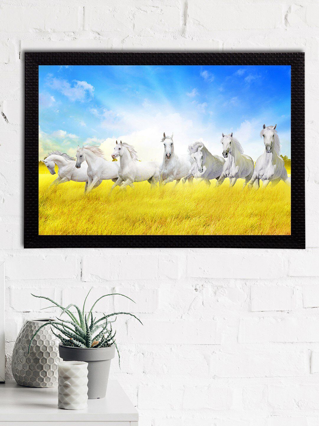 eCraftIndia Blue & White 7 Lucky Running Horses Satin Matt Textured UV Wall Art Price in India