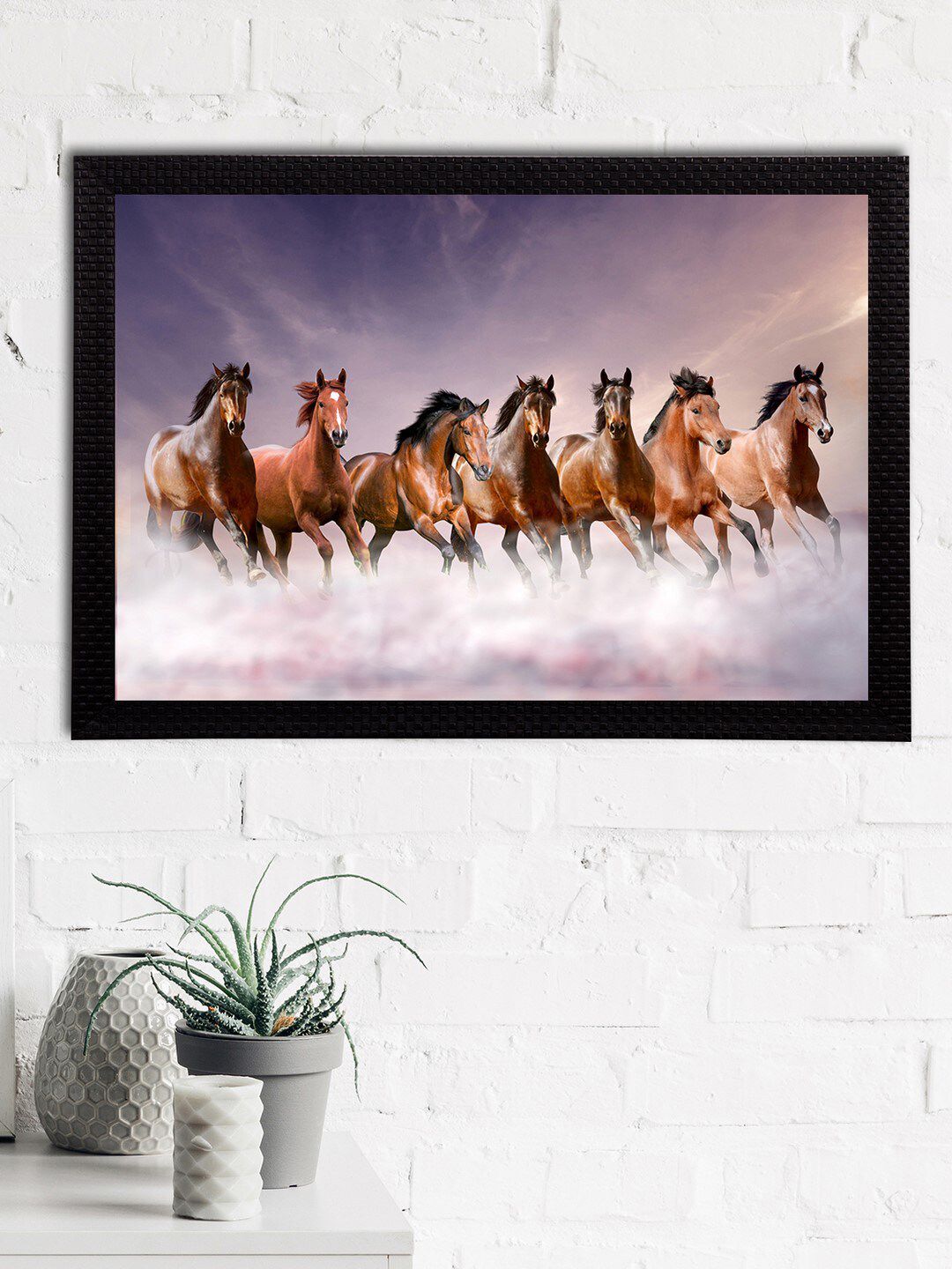 eCraftIndia Brown & White 7 Lucky Running Horses Satin Matt Textured UV Wall Art Price in India