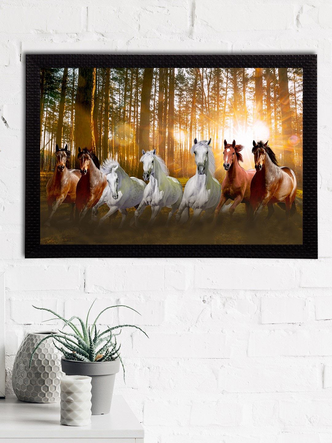 eCraftIndia Brown & White 7 Lucky Running Horses Satin Matt Textured UV Wall Art Price in India