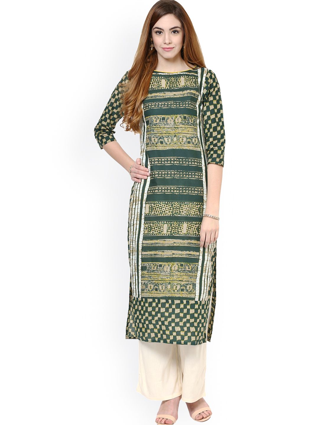 Jaipur Kurti Olive Green & Off-White Printed Kurta with Palazzo Trousers Price in India