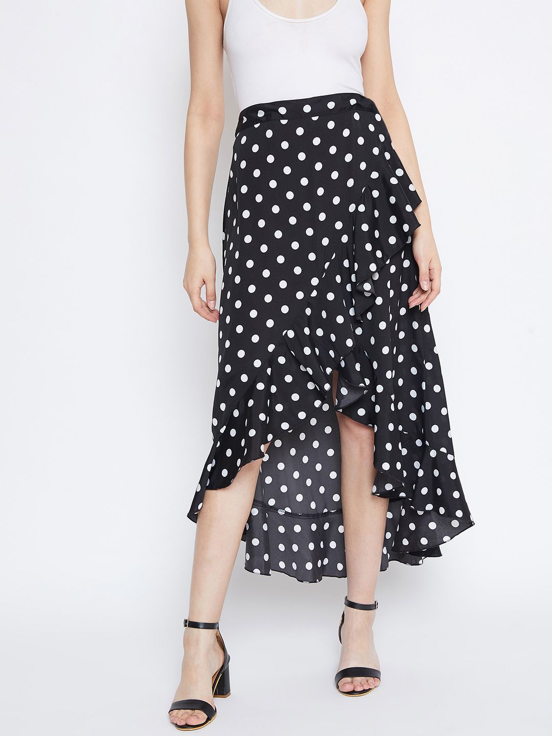 Berrylush Black & White Polka Print Wrap Midi Skirt Price in India