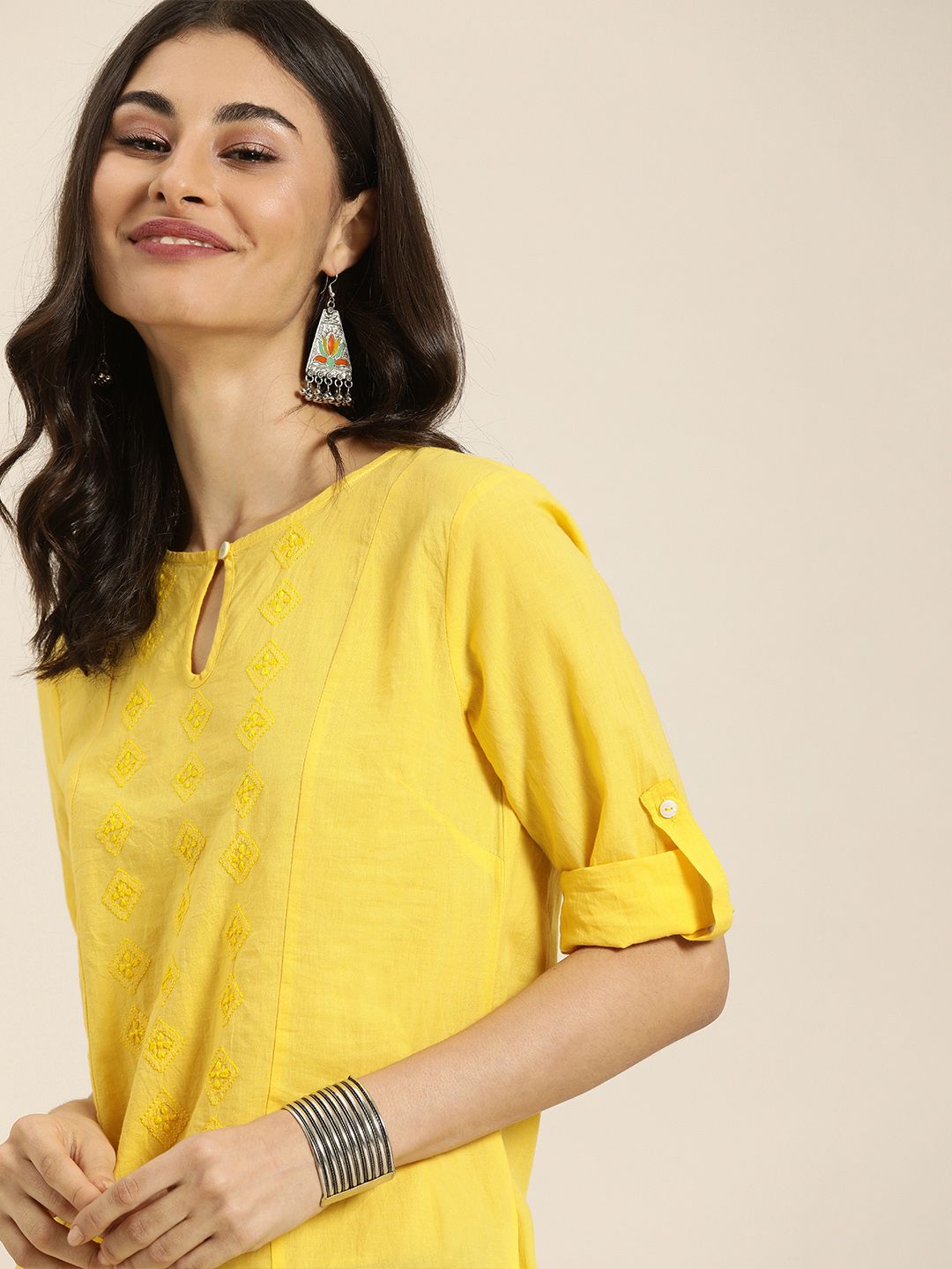Taavi Women Yellow Embroidered Chikankari Pure Cotton Kurtis With Roll-Up Sleeves Price in India