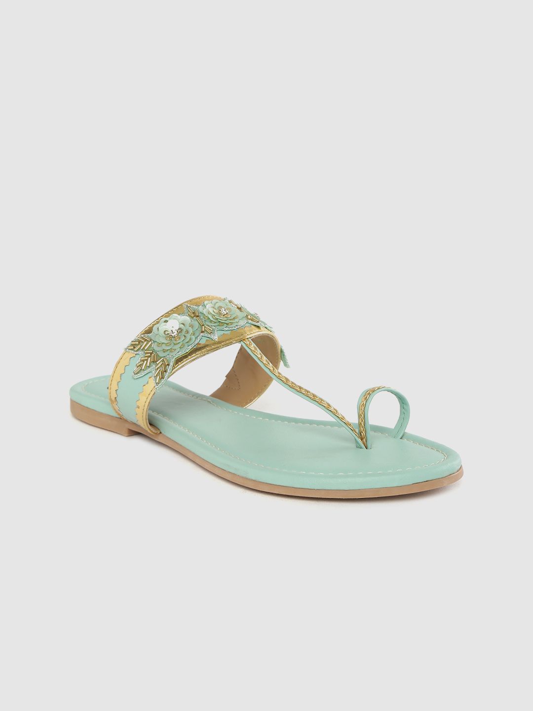 Carlton London Women Sea Green & Gold-Toned Embellished Braided One Toe Flats Price in India