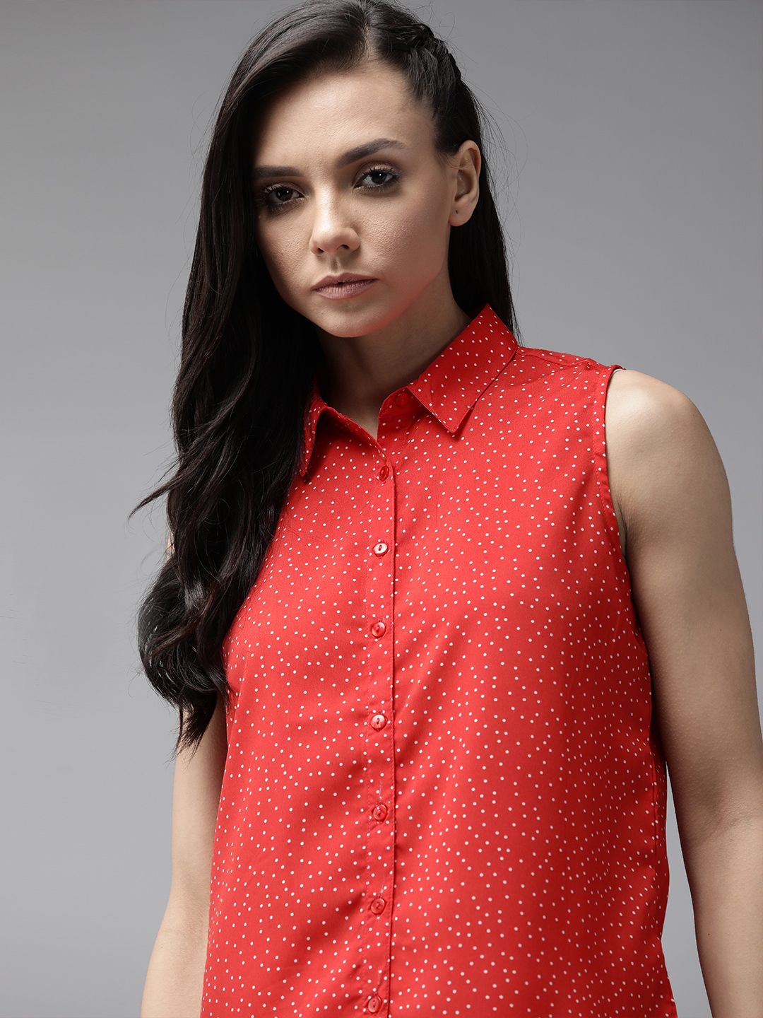 Roadster Women Red & White Regular Fit Polka Dots Print Casual Shirt