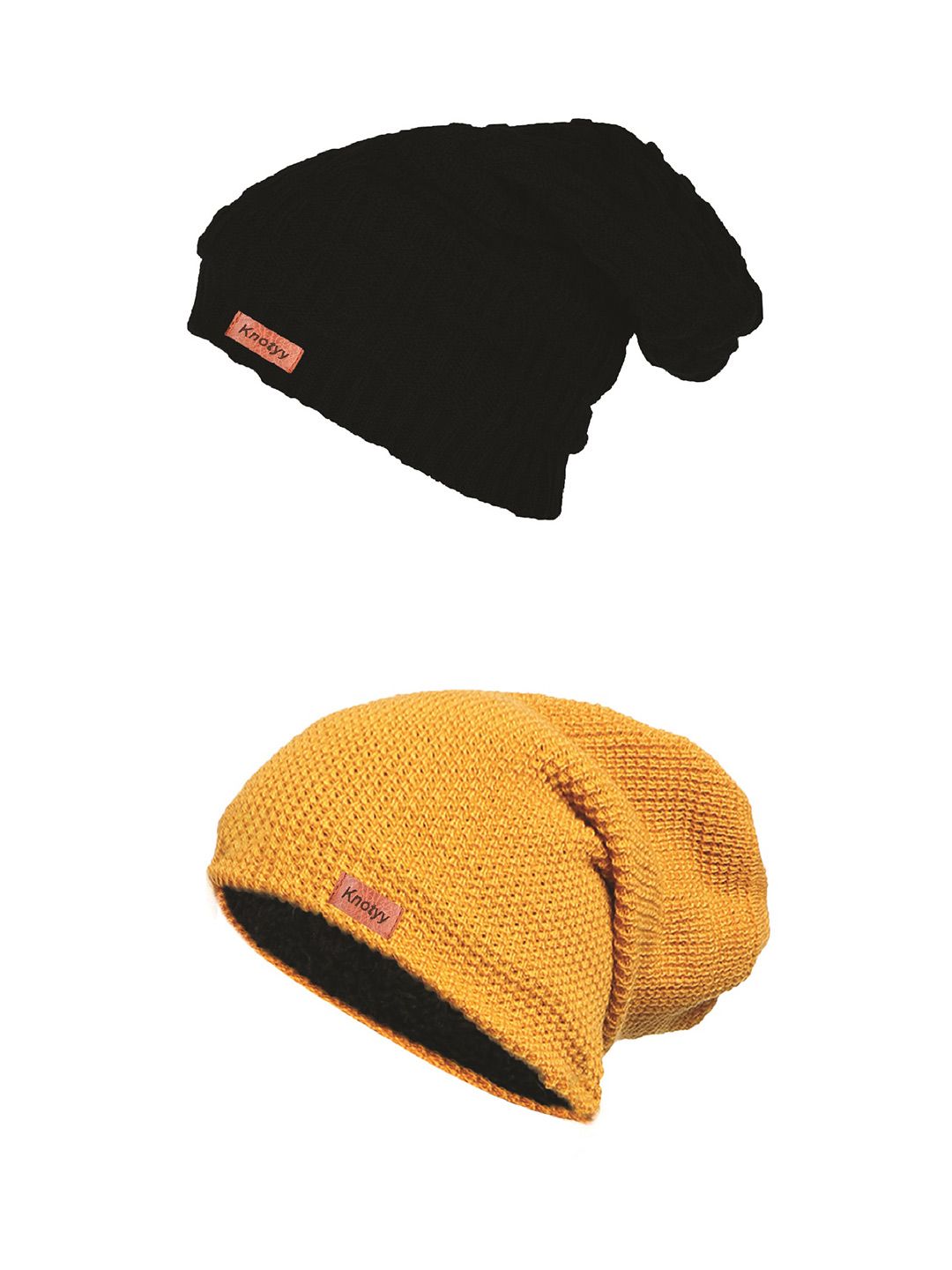 Knotyy Unisex Yellow & Black Solid Beanie Set of 2 Price in India