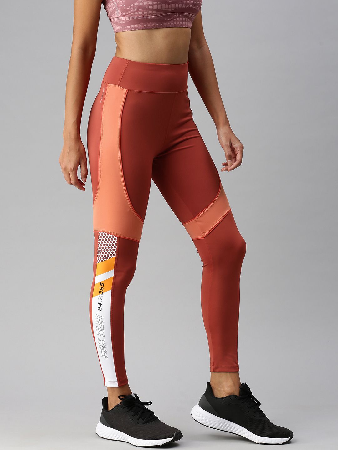 HRX by Hrithik Roshan Women Rust & White Printed Anti Microbial Running Tights Price in India