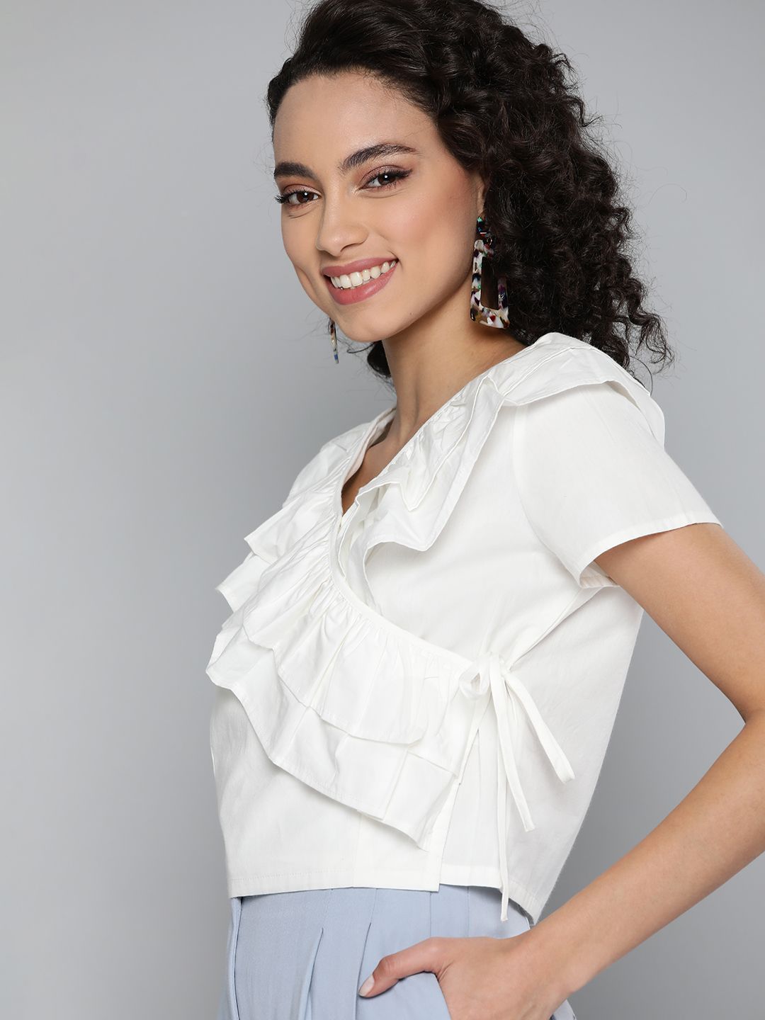 HERE&NOW Women White Pure Cotton Solid Ruffled Crop Wrap Top