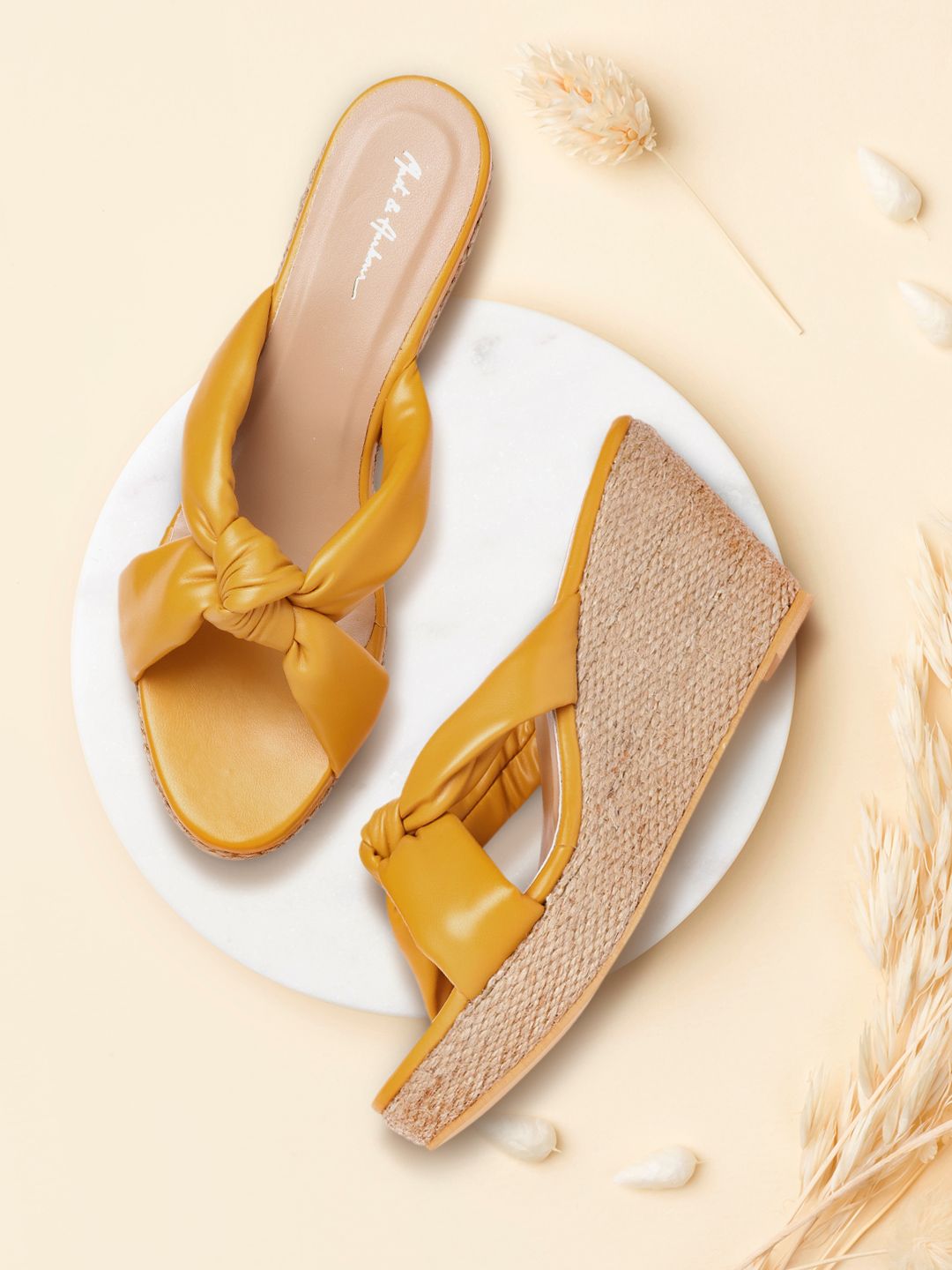 Mast & Harbour Women Mustard Yellow Solid Wedges with Knot Detail Price in India