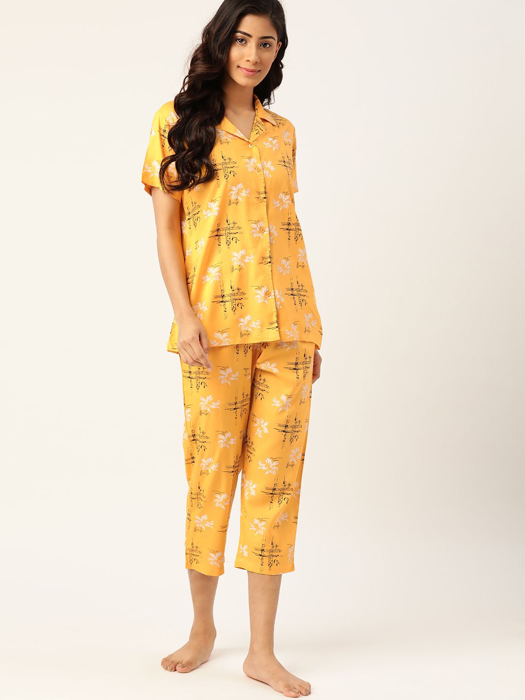 ETC Women Mustard Yellow & Black Floral Printed Night suit Price in India