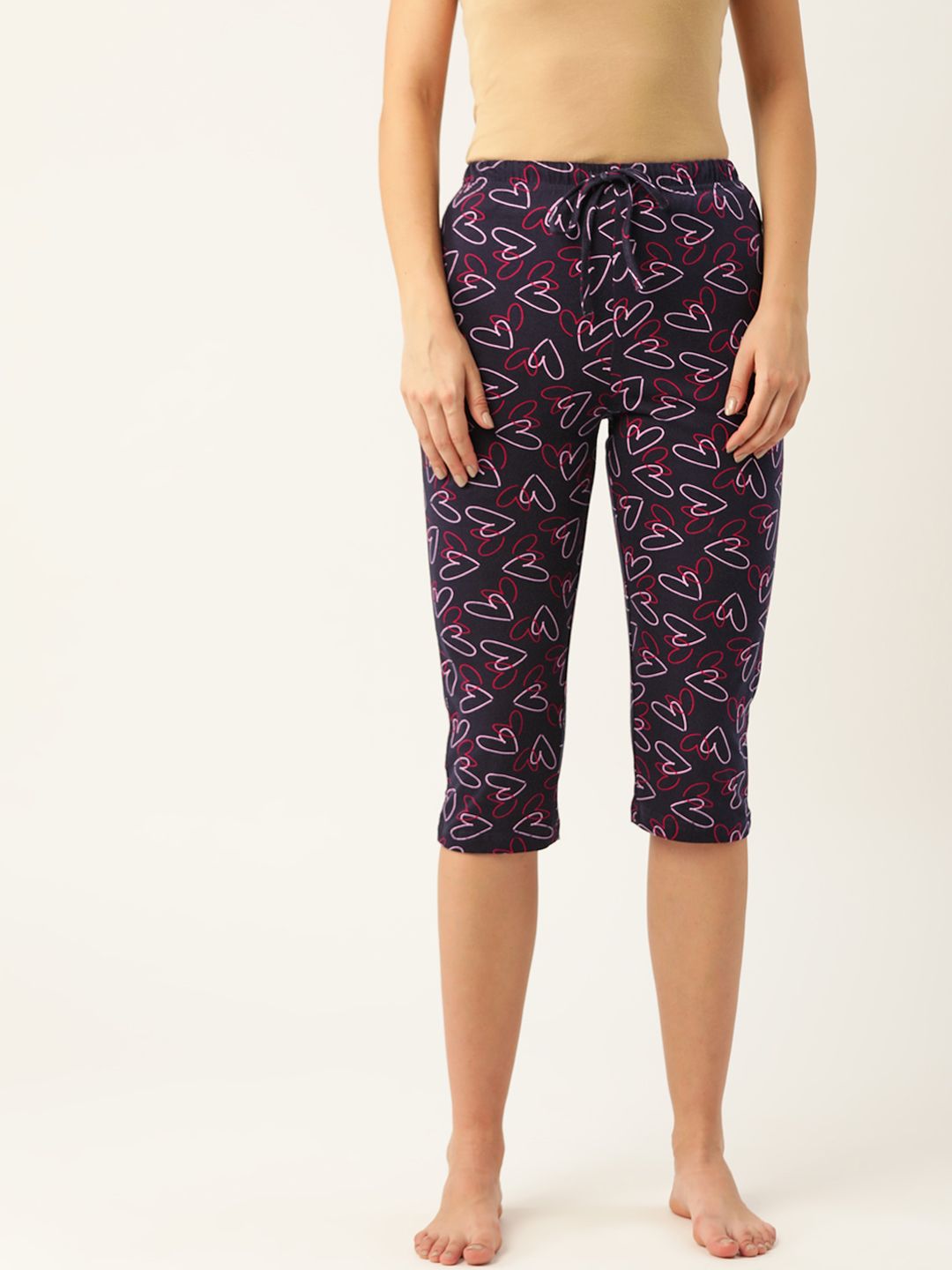 ETC Women Navy Blue & Lavender Pure Cotton Conversational Print Cropped Lounge Pants Price in India